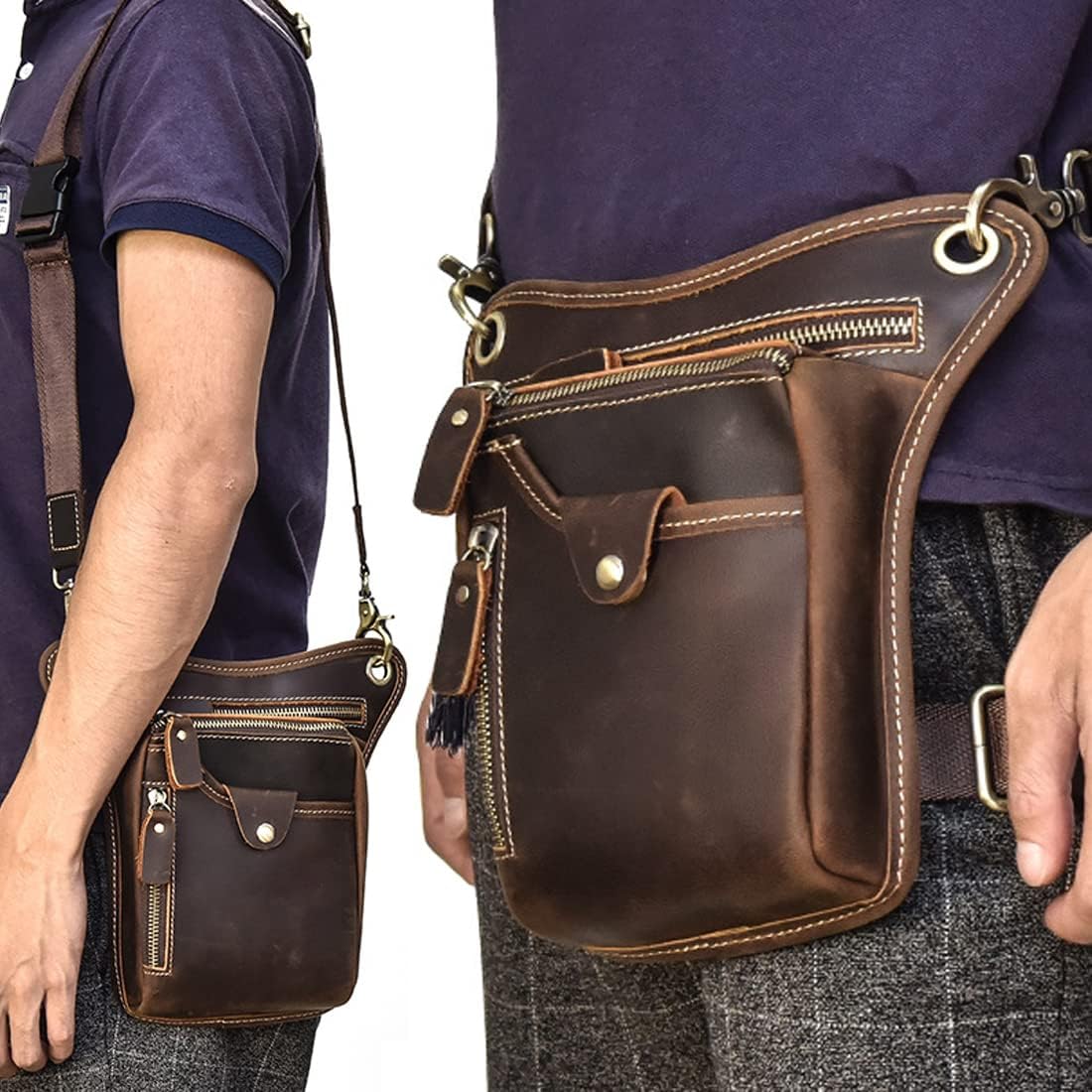 KPYWZER Vintage Leather Drop Leg Bag for Men Women Thigh Hip Bum Waist Fanny Pack Motorcycle Bike Riding Cycling Multi-Purpose Travel Hiking Sports Camping Pouch Deep Brown