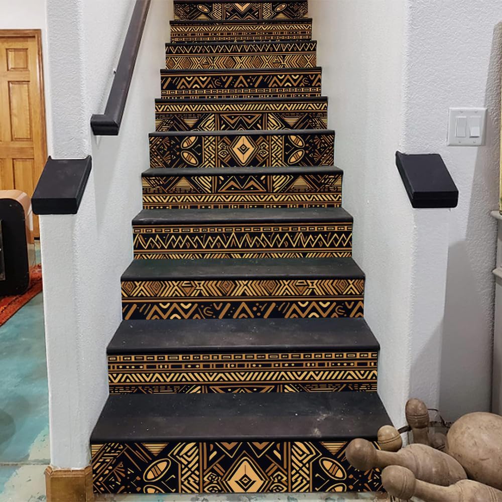 REDAMANCY Brown Vintage Geometric Mosaic Peel and Stick Vinyl Stair Riser Decals Staircase Tile Stair Stickers Abstract Boho Art Modern Decoration Self-Adhesive Home Decor Stair Decals (14Pcs)