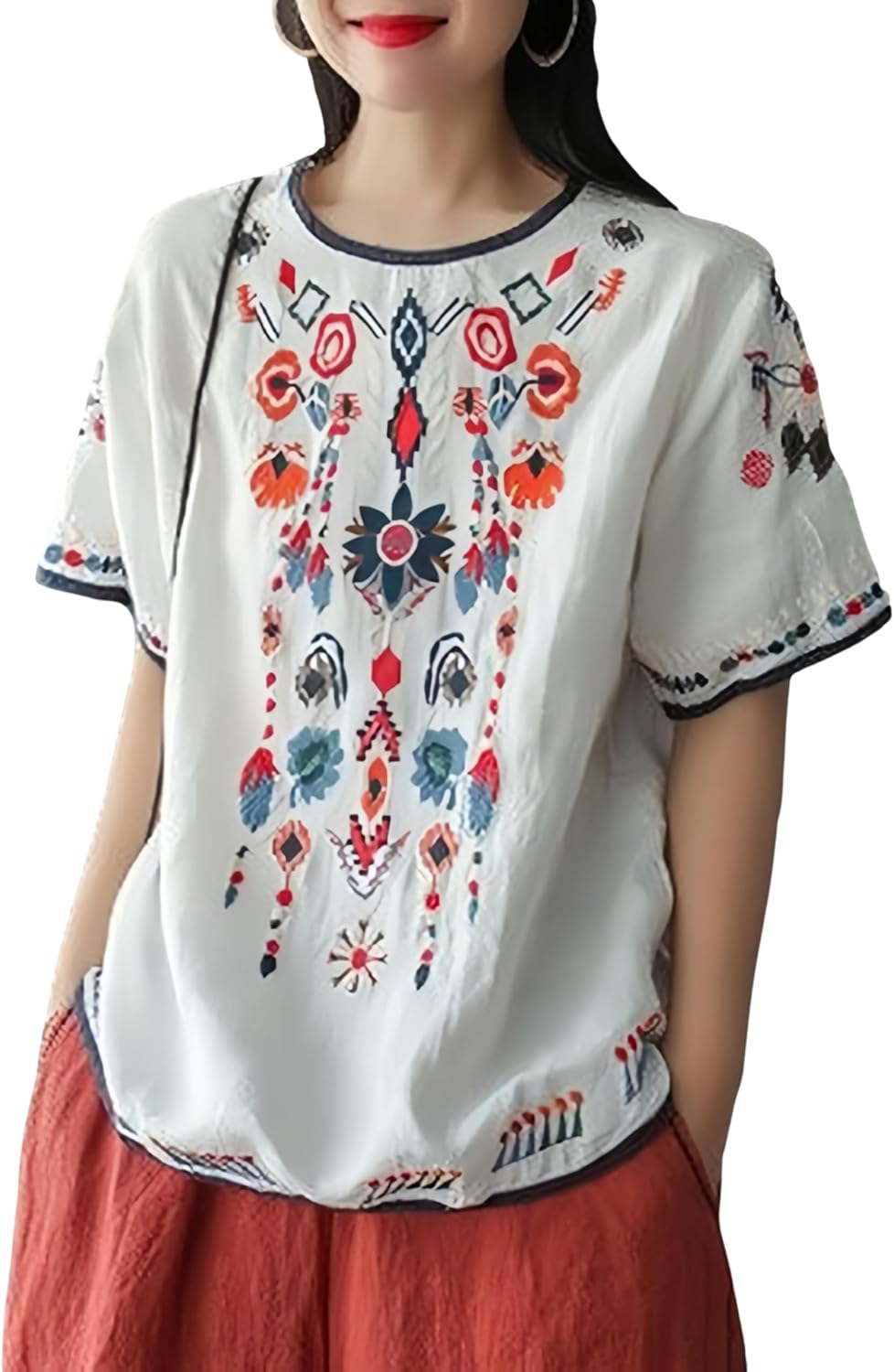 Damen Leinenhemd Sommer - Boho Bluse Mit V-Ausschnitt Kurzarm Bestickt