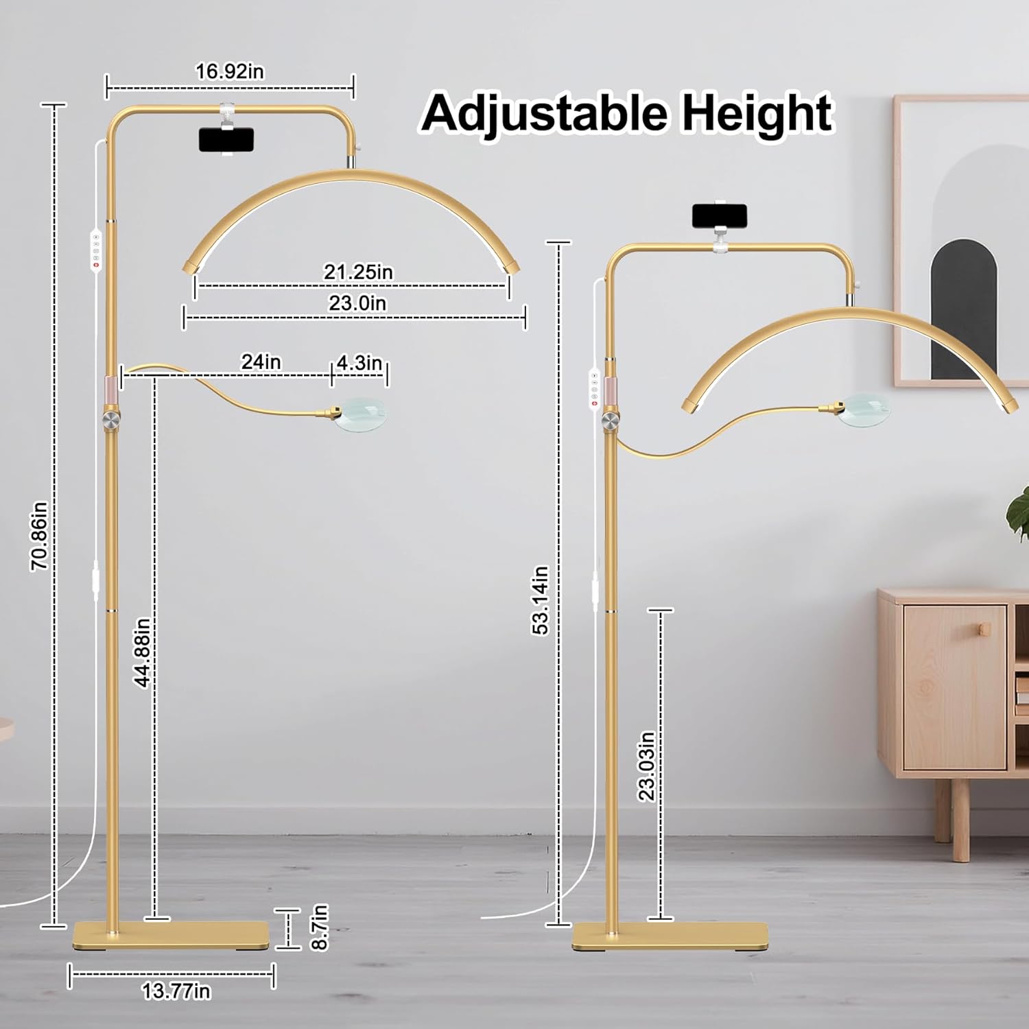 AURELLE Half Moon Lash Light - Adjustable LED Floor Lash Lamp with 4X Magnifier & Phone Holder for Eyelash Extensions,Nail Art,Tattoo,Skincare,Salon SPA-Dimmable Brightness,Rotating Head, Gold