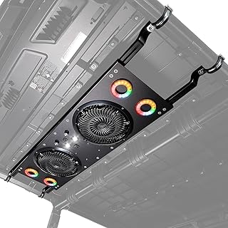 KEMIMOTO RGB 헤일로 라이트가 있는 UTV 팬, 가변 속도 다이얼이 있는 듀얼 20.3cm(8인치) 대형 캡 냉각 팬, 돔 라이트가 있는 12V 오버헤드 냉각 팬, 폴라리스 레인저, RZR XP 1000 2024+, CanAm Defender 호환