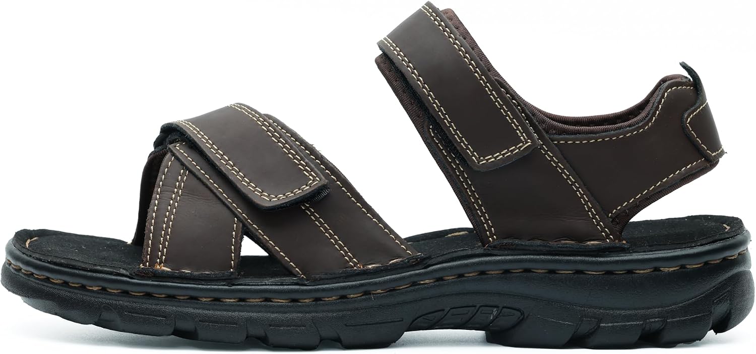 MGGMOKAY Men's Athletic Sandals Leather Outdoor Sandals Open Toe Hiking Sandals with Adjust Strap