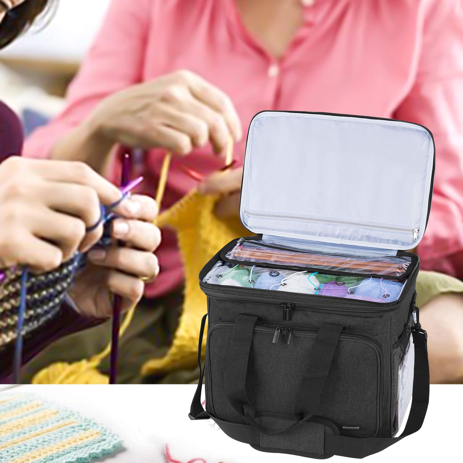 Teamoy Sac de Rangement pour Laine, Organiseur de Tricot Portable avec Bandoulière Amovible, Sac de Voyage pour Aiguilles, Crochets et Accessoires de Couture, Noir