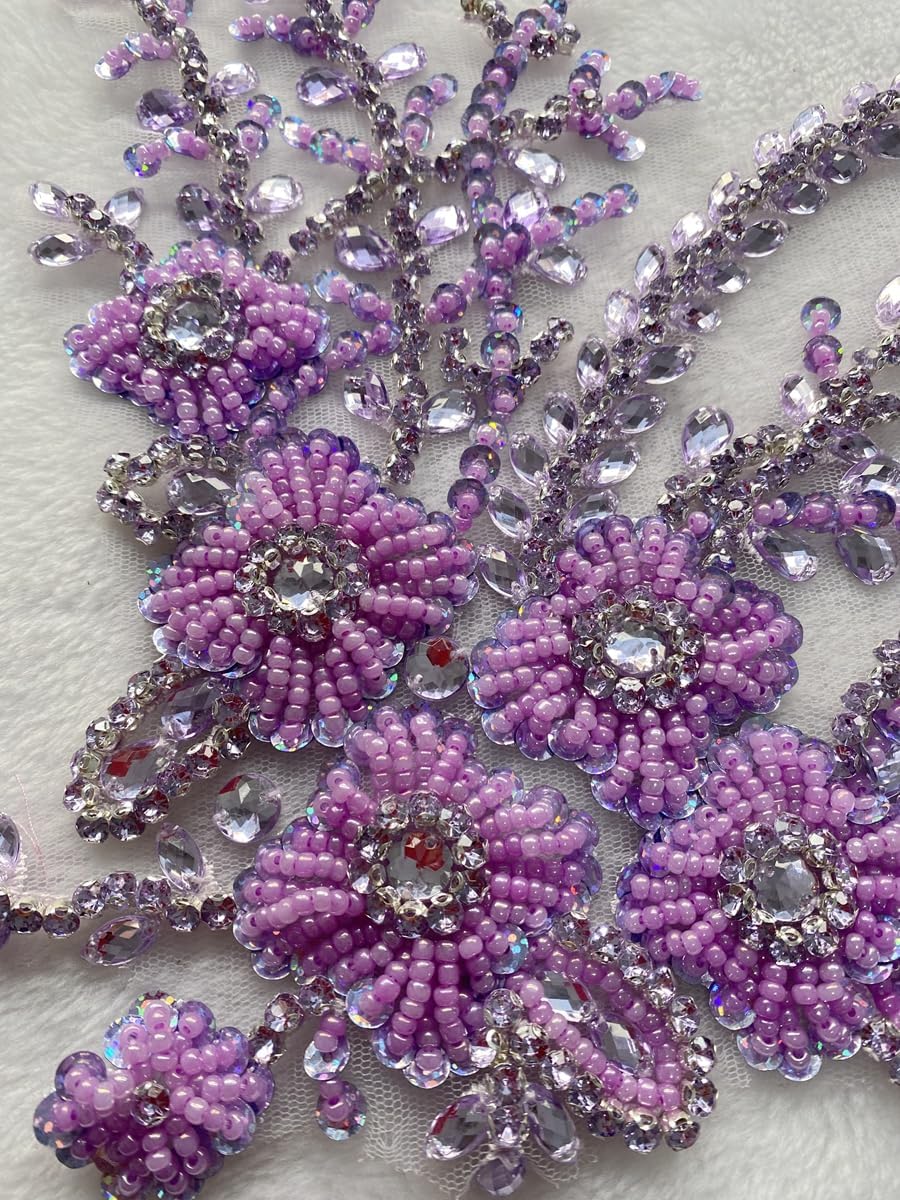 Pure Handmade Bodice lace Rhinestones Applique Sewing Stones Beads Crystal Trimming Patches Accessories for Weding Dress Decorations 1 Pair/Set 7.4X13.7inches (Violet)