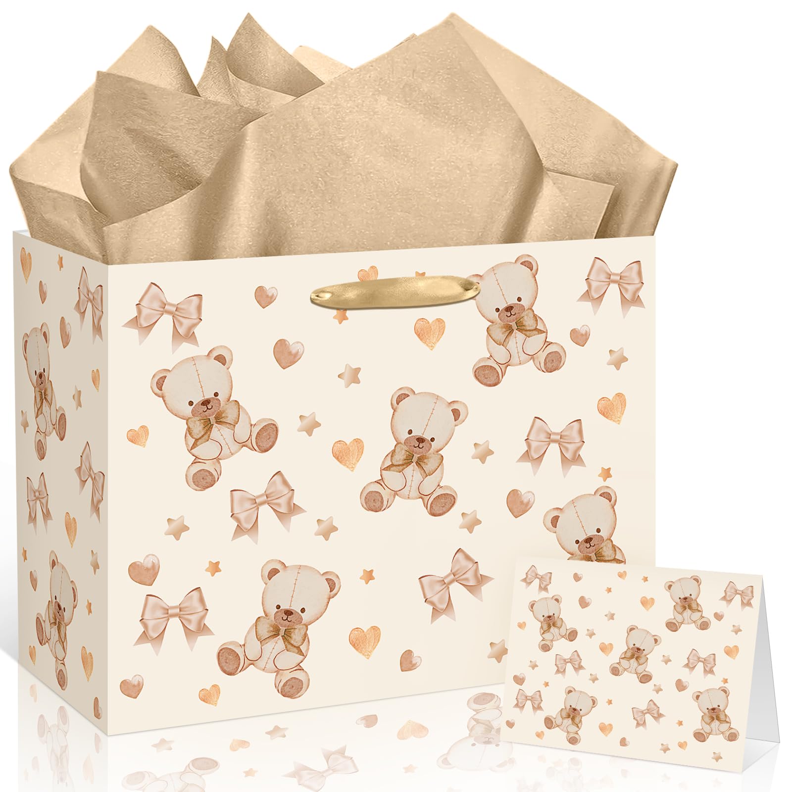 Bear Baby Shower Birthday Gift Bag Large Bear Gift Bag with Handles Tissue Paper Greeting Card Brown Bow Treat Candy Bag for Girls Boys Newborn Gender Reveal Women Birthday Party Supplies Decorations
