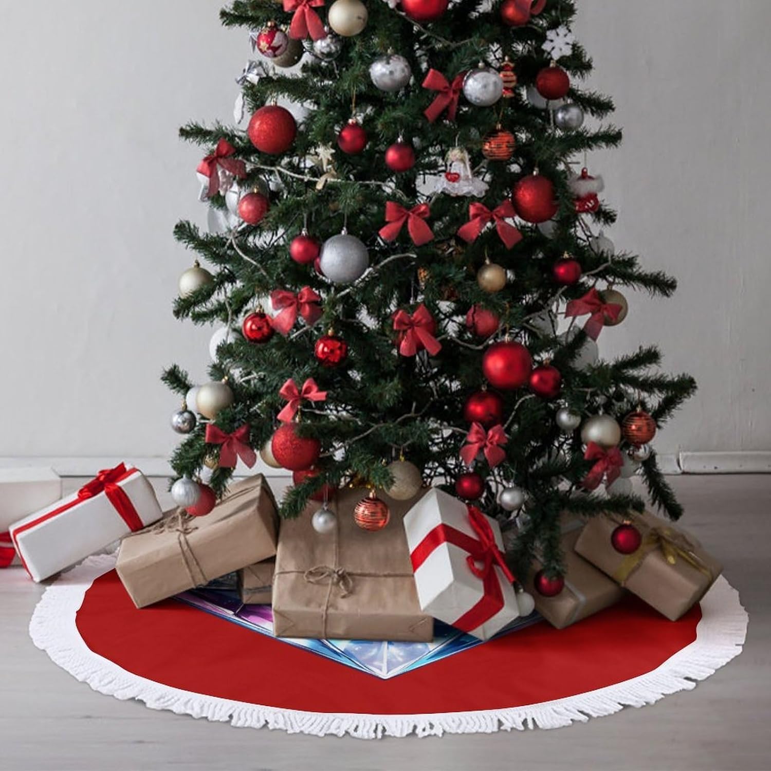 Diamond Universe Symbol Christmas Tree Skirt Round Xmas Tree Mat Ornaments Tree Skirts with Tassels for Holiday Party