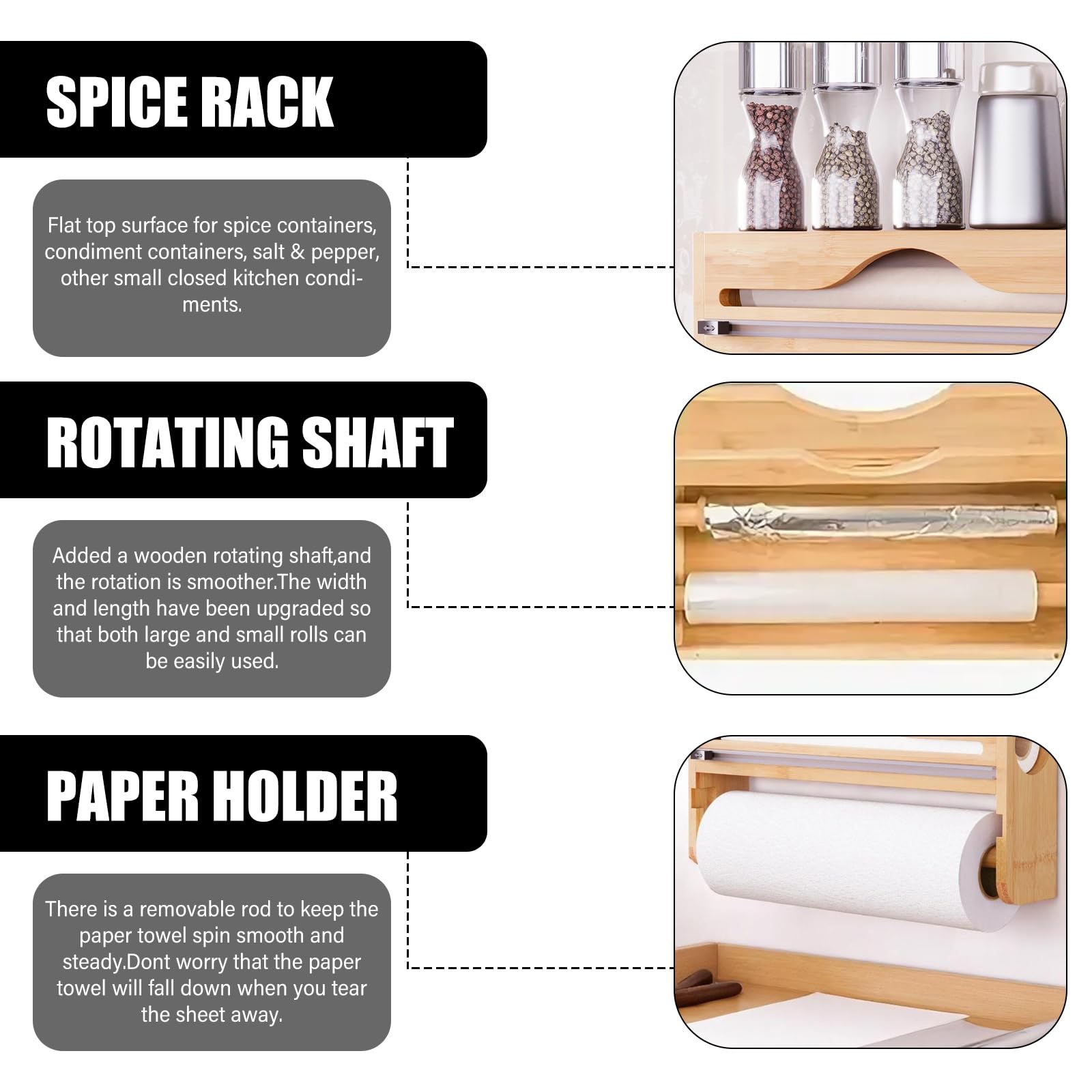 Dispensador de papel de aluminio 3 en 1 de madera con soporte para rollos de cocina, dispensador de papel film transparente de bambú, soporte para rollos de pared, dispensador de láminas adhesivas