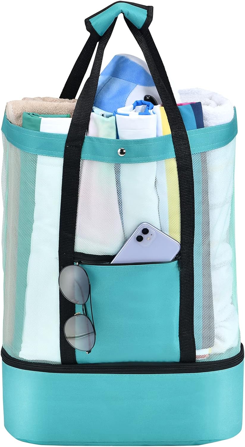 Beach Bag with Cooler, Mesh Beach Tote with Undetachable Insulated Cooler and Pocket for Towels