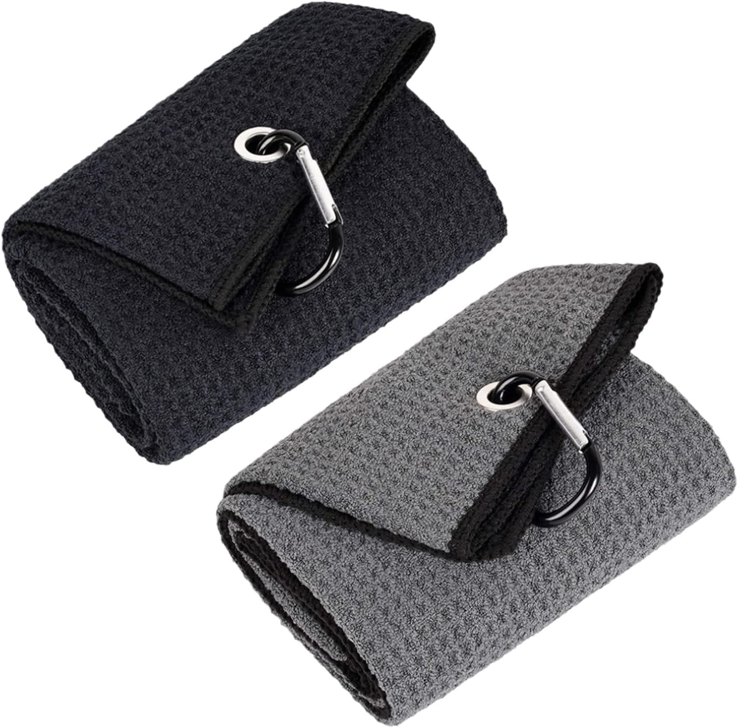 2Pcs Tri-fold Golf Towel Set with Carabiner, Premium Microfiber, Waffle Pattern, Golf Sports Towel Rod Cleaning Towel Hook Towelette, Heavy Duty Carabiner (Black+Grey)