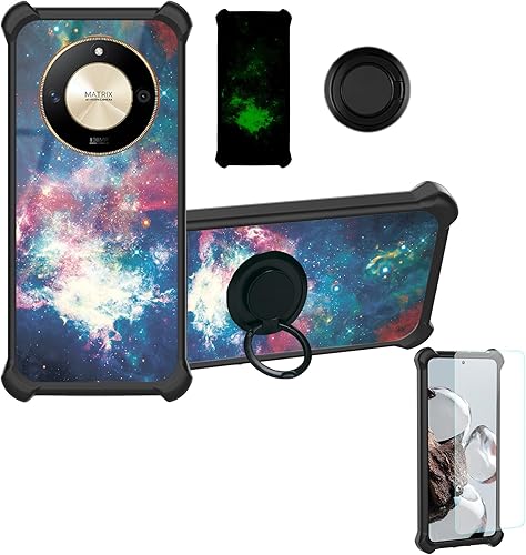 Funda para Honor X50 compatible con Honor X50 con protector de pantalla de vidrio templado, soporte de anillo, efecto luminoso, YGH-YH