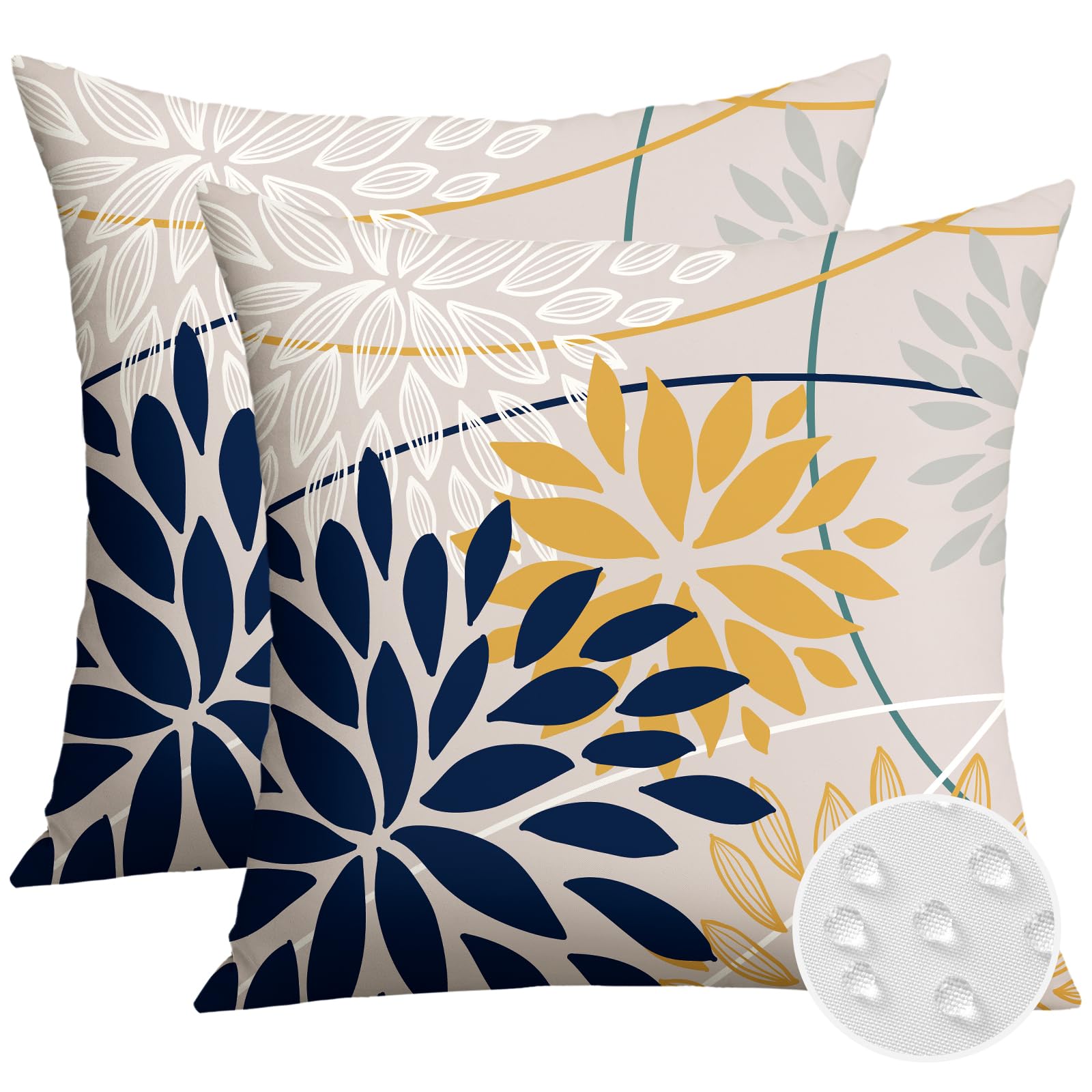 Artscope Outdoor Waterproof Dark Blue Yellow Cushion Covers Geometric 40x40cm Set of 2 White Dahlia Floral Pillowcases Outdoor Flowers Pillow Covers for Patio Garden Bench Sofa Farmhouse Decor