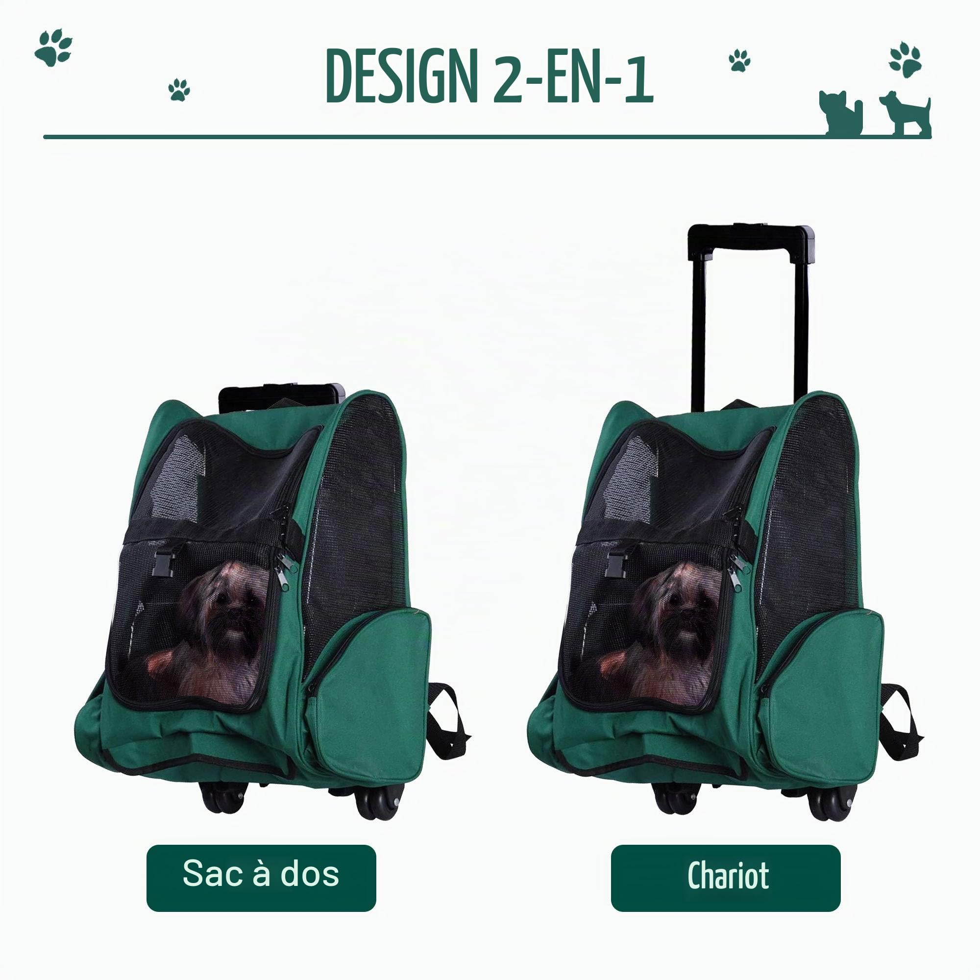 PawHut Sac à dos 2-en-1 pour animaux avec roulettes 42x25x55cm Vert