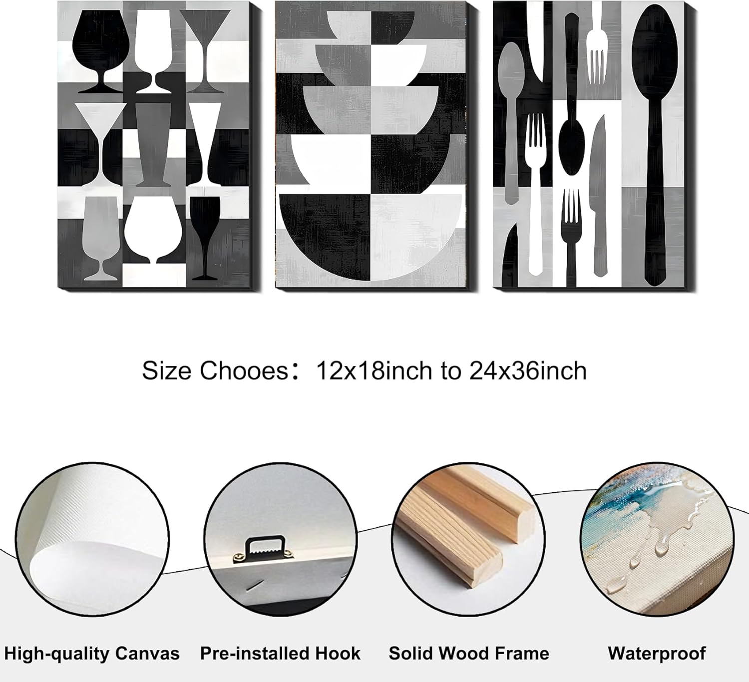 Set of 3 Framed Canvas Pictures - Modern Kitchen Wall Decor, Black & White Utensil Prints for Dining Room, Minimalist Canvas Art, Stylish Framed Home Aesthetic Accents