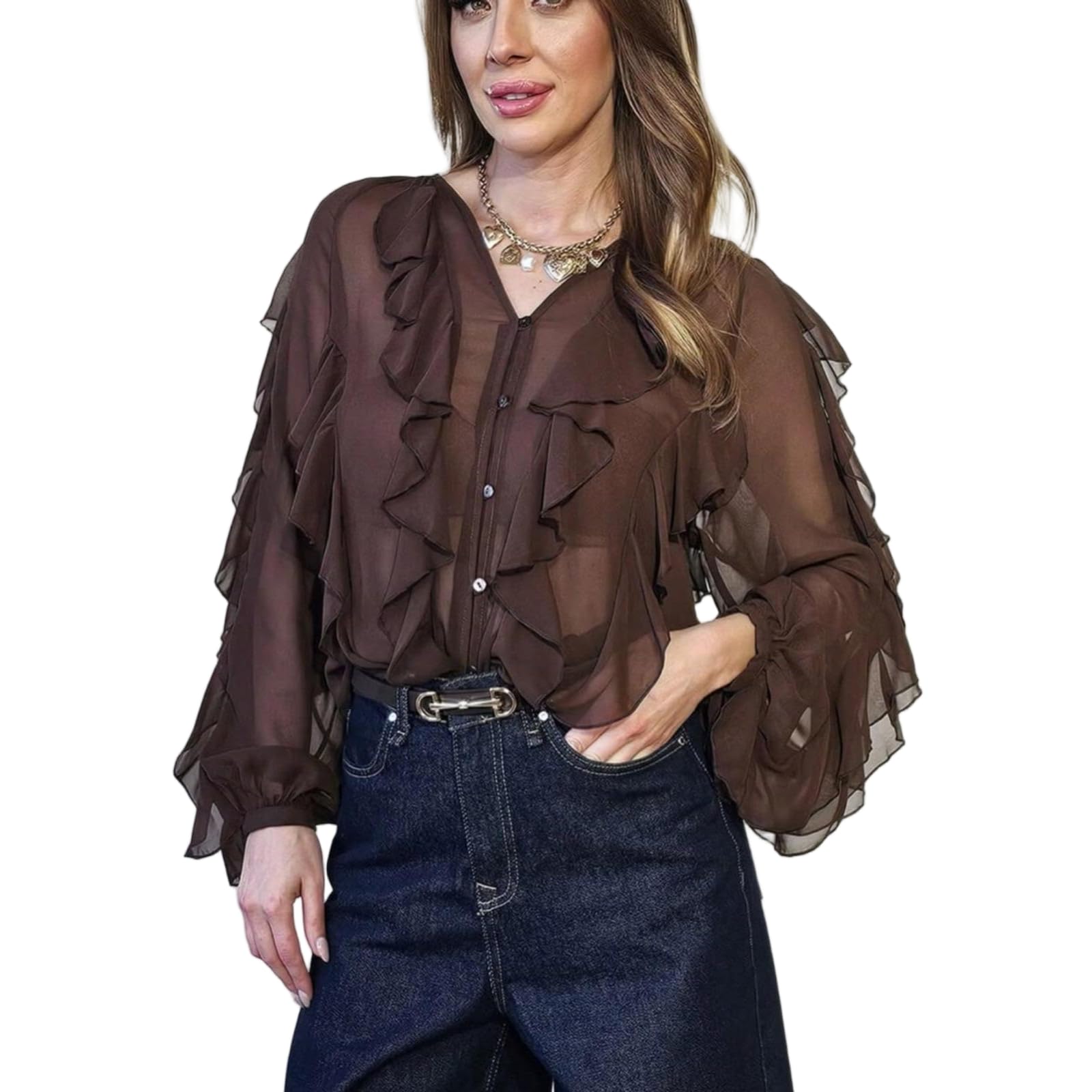 JCVBN - Camicetta da donna con scollo a V e volant, a maniche lunghe, vestibilità ampia, in chiffon, tinta unita, con bordo a volant, maniche lunghe, vestibilità ampia, tinta unita, leggera
