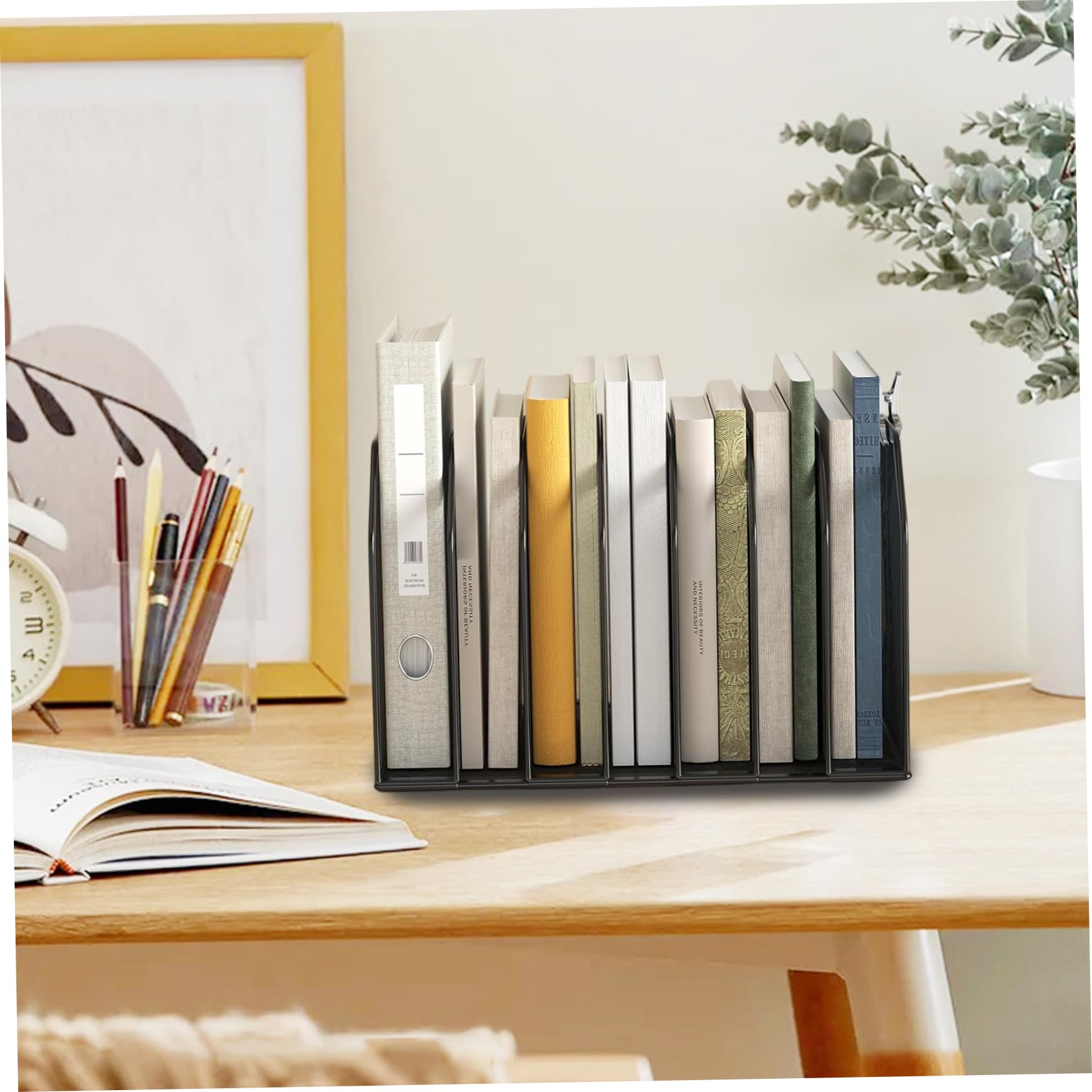 Soporte para carpetas para escritorio, organizador de archivos vertical desmontable de 7 secciones, clasificador de documentos de metal resistente que ahorra espacio para escritorio de oficina y a