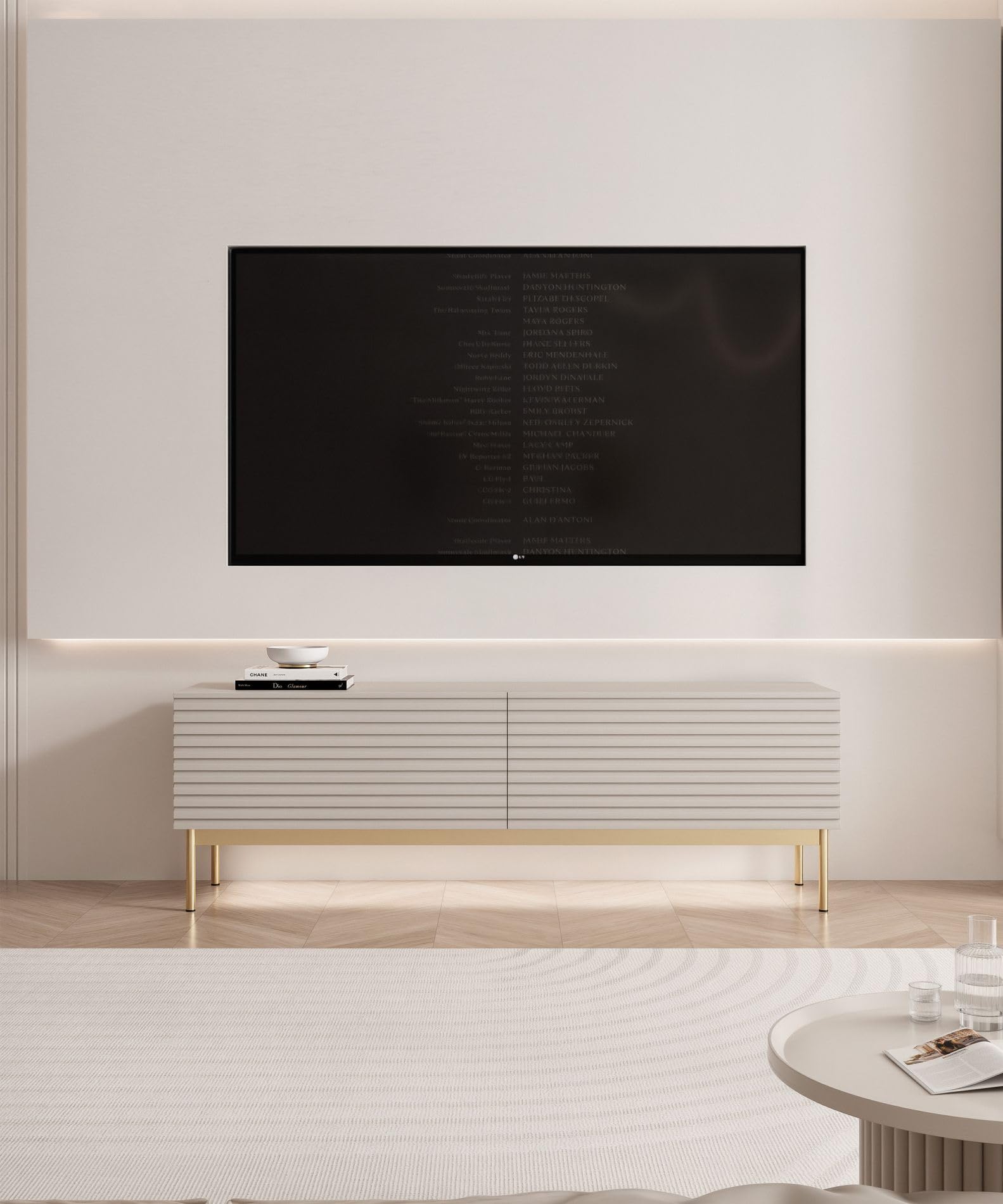Selsey TV Lowboard 139 cm Elegantes Wohnzimmer TV Unterschrank Push-to-Open-Türen Moderne Kaschmirfront + LED Beleuchtung Goldene Beine Funktionales TV Cabinet mit Stauraum & Stil