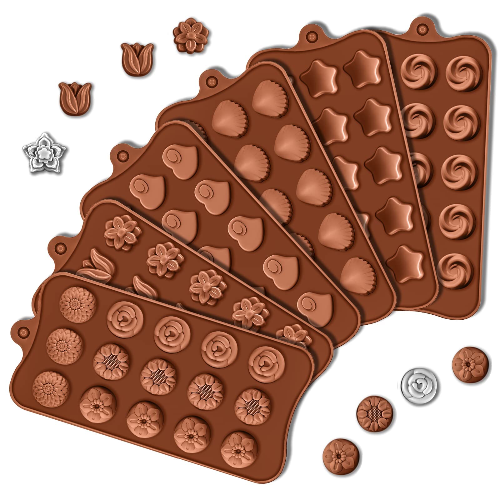 Silicone Chocolate Molds, 6 Pack 15 Cavity Silicone Mold Love Stars Flower Shell Assorted Shape Fondant Truffles Candy Moulds for Making Jelly Pralines Gummy Ice Cube