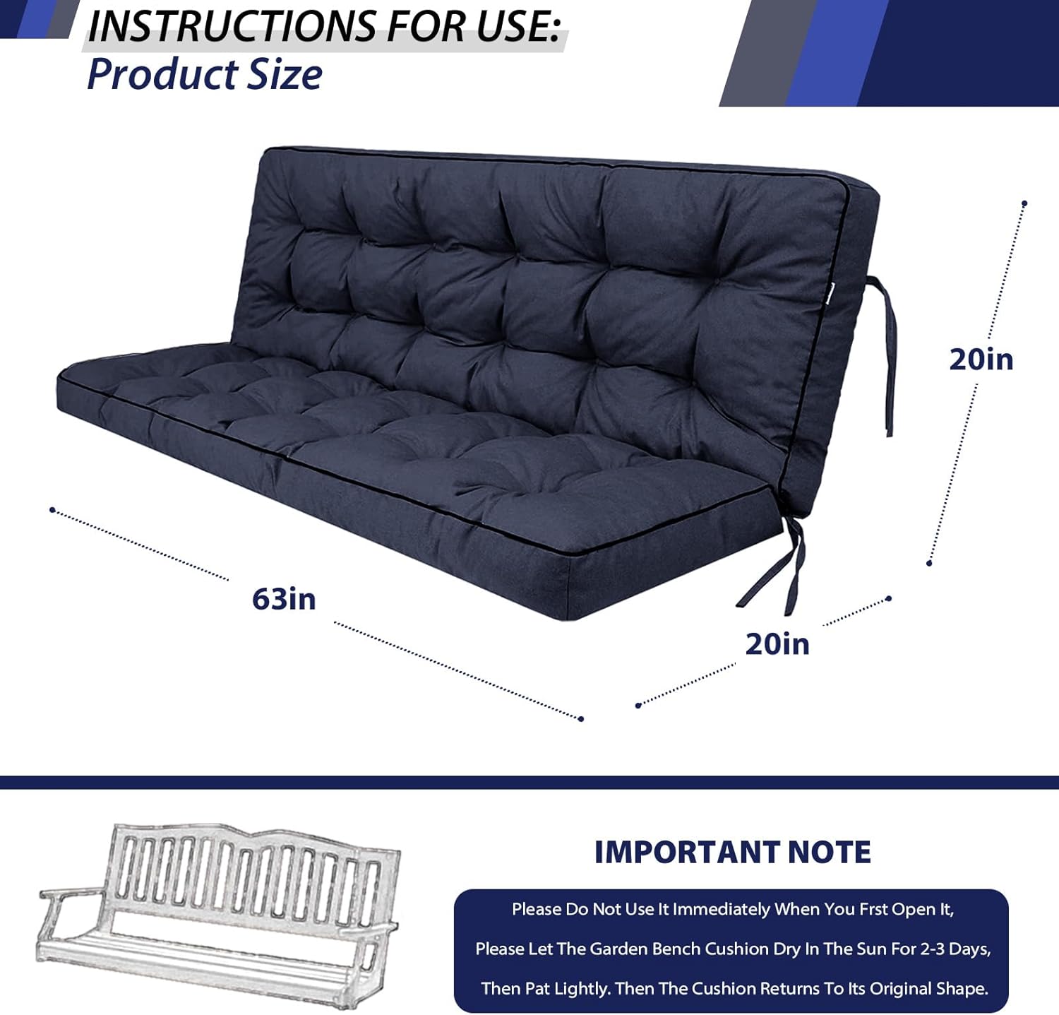 Outdoor Swing Cushions, Waterproof Porch Swing Cushions 3 Seater Replacement with Backrest, 4" Thicken Bench Cushion with Ties for Backyard, Patio, Lawn and Garden (Navy Blue, 63 inch)