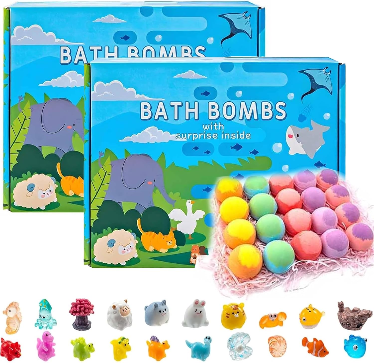 Bath Bombs with Surprise Toy Inside, 20 Pack Fizzy Bath Bomb Gift Set, Colorful Bath Fizzers with Hidden Animal Figures for Party Favors, Easter and Birthday Gifts (1PC)