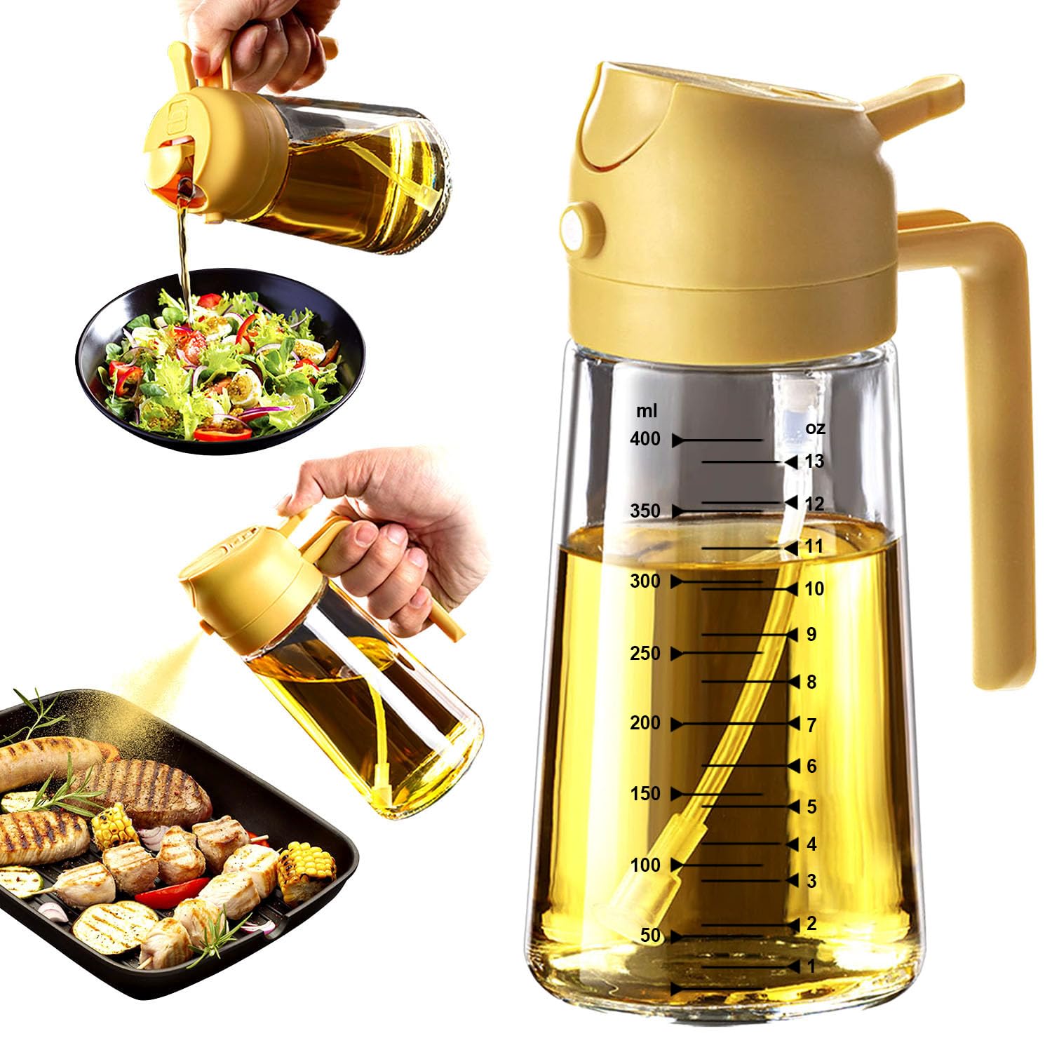 TrendPlain Spruzzino Olio per Friggitrice Aria 470ml, Dosatore Olio 2 in 1, Oliera Spray per Cucina, Insalata e Aceto, Accessori Cucina senza BPA - Giallo
