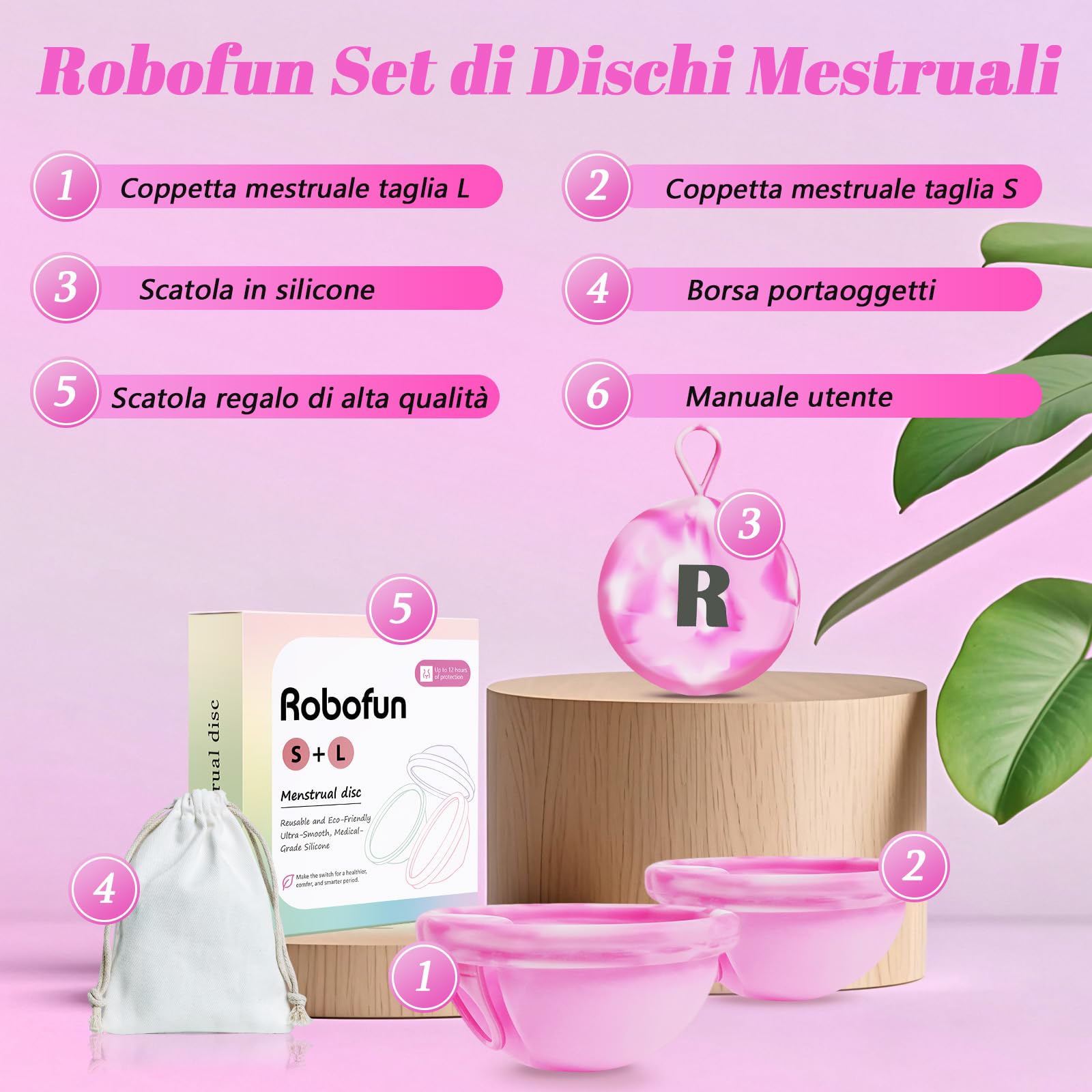 Robofun Disco mestruale, 2 pezzi (S+L) - Coppa mestruale riutilizzabile in silicone medico 100% per tutte le correnti, senza pericolo per lo sport e il nuoto -Bianco&Viola