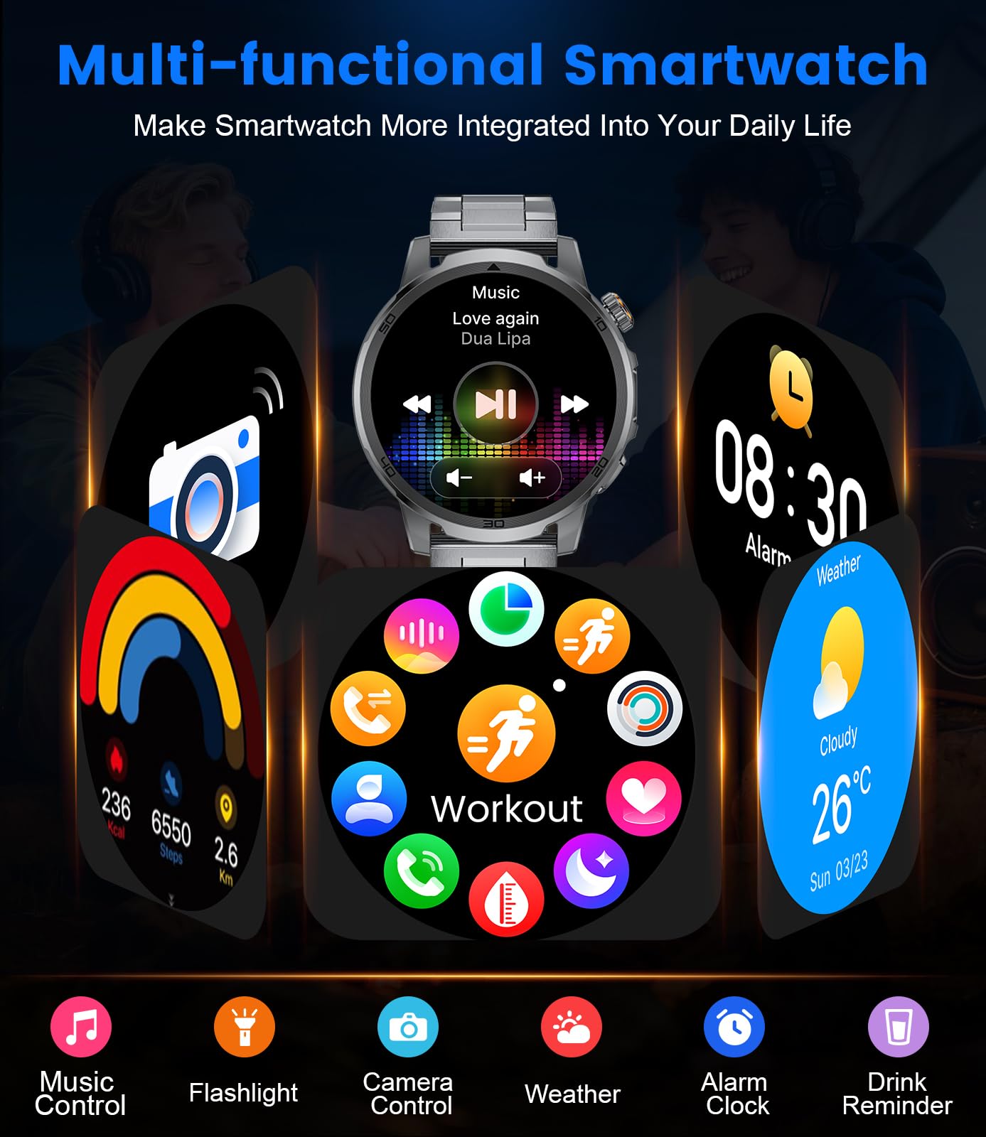 Montre Connectée Homme, 1,85" Grande Écran/Appel Bluetooth/1000mAh/LED Torche, Smartwatch Homme avec Moniteur de Fréquence Cardiaque/Sommeil/IP68 Étanche/110+ Modes Sportifs Android iOS, Noir-Acier
