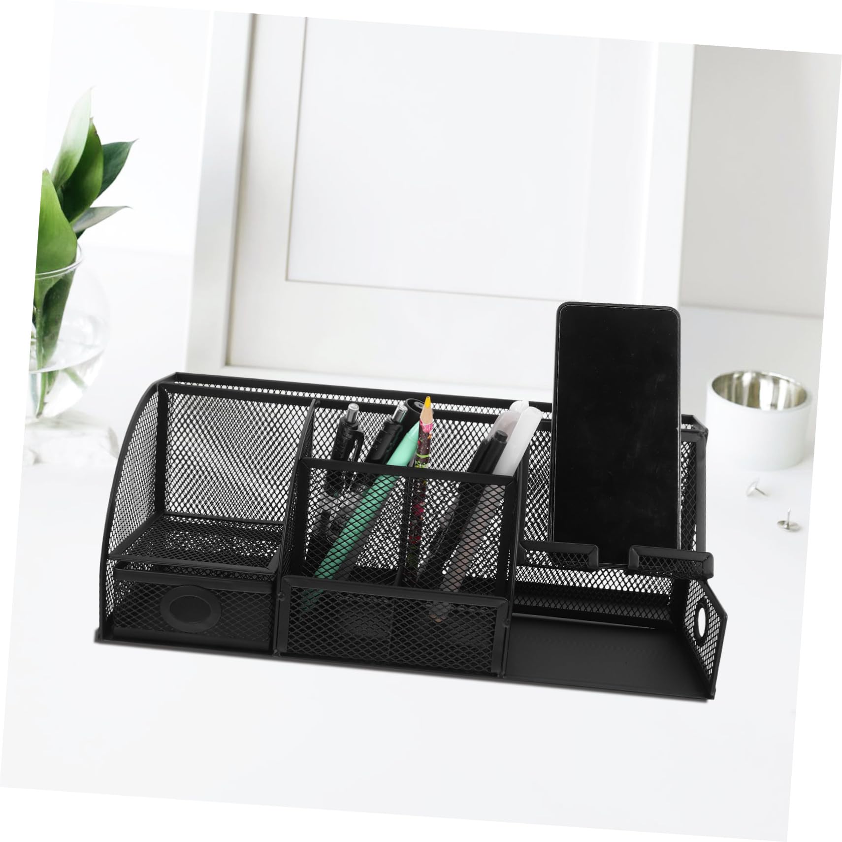 Schreibtisch Organizer mit Stiftehalter aus Eisen Schwarzer Moderner und Platzsparender Aufbewahrungsbox für Bürobedarf und Make Up Am Arbeitsplatz