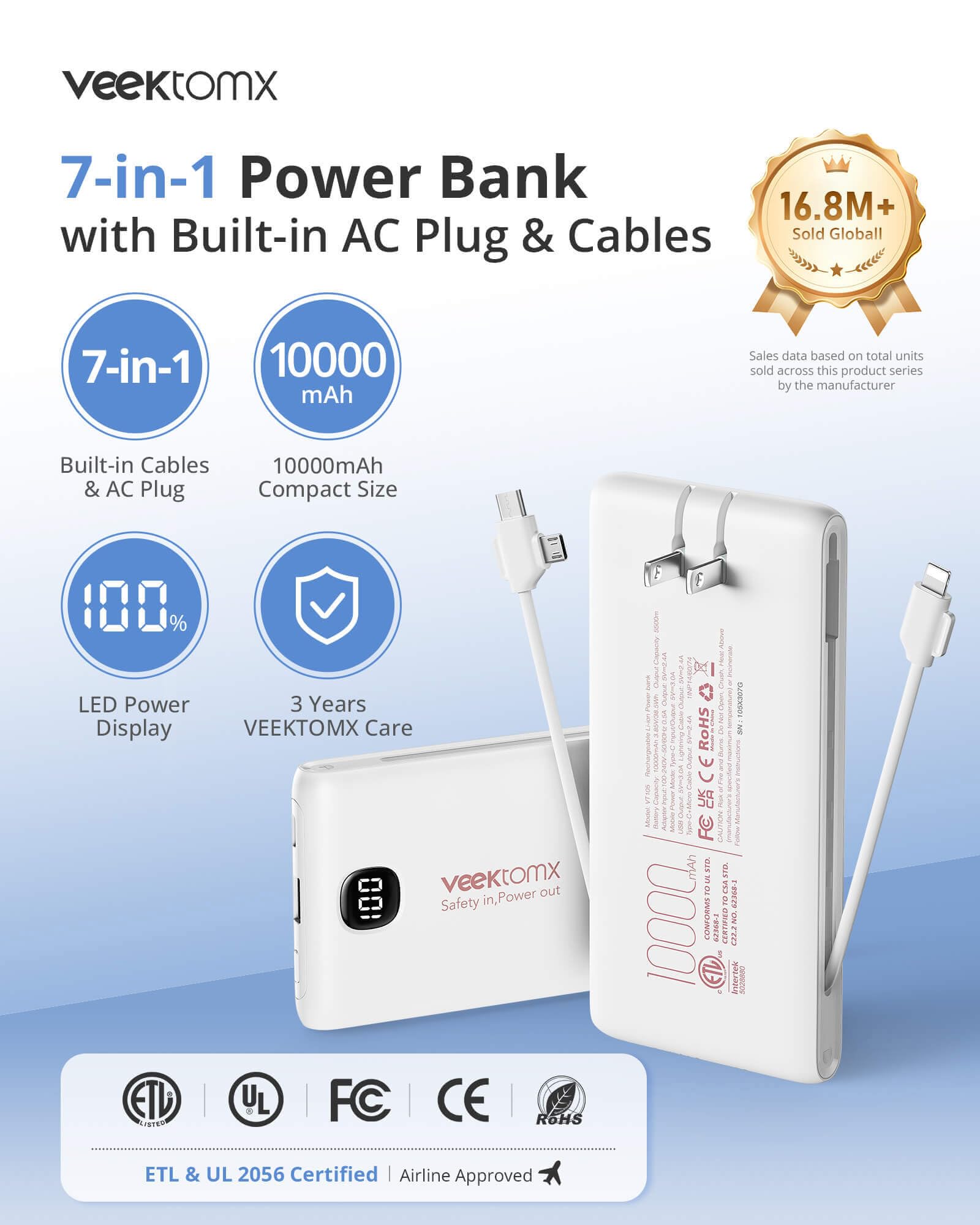 VEEKTOMX 10000mAh Portable Charger with Built-in Cables & Wall Plug view 2