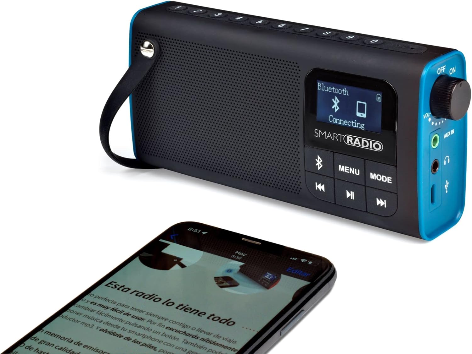 XSQUO Smart Radio displaying Bluetooth pairing with a smartphone