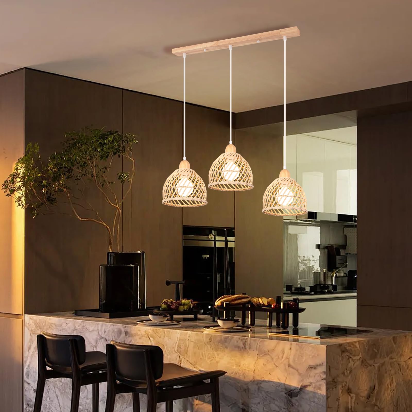 iDEGU 3 Lampade a Sospensione, Moderna, Lampada da Soffitto, in Legno e Bambù, Spirale, Vintage, E27, Lampada da Soffitto, Retro, Lampada a Sospensione, Rattan, per Sala da Pranzo, Cucina, Soggiorno