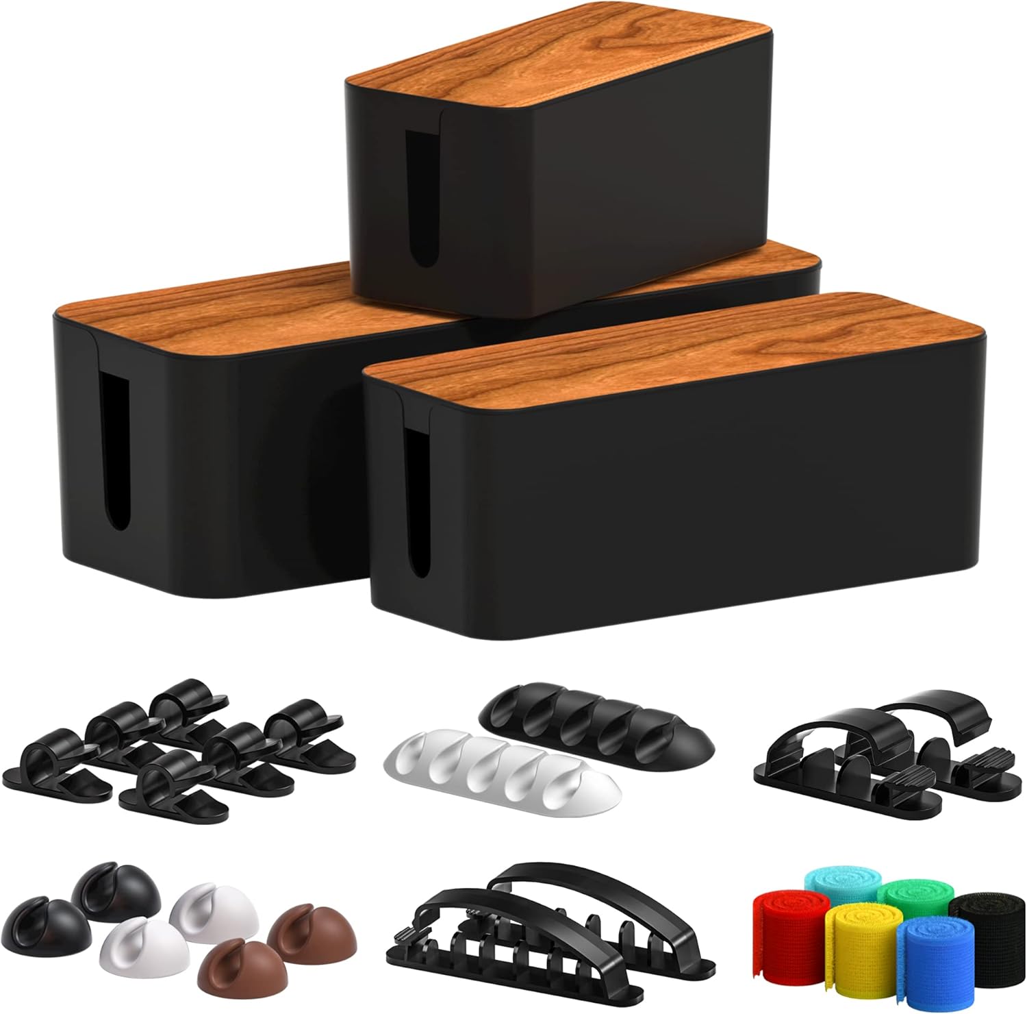 Cable Management Box 3 Pack with 16 Cable Clips Set-Large & Medium & Small Wooden Style Cable Organizer Box to Hide Wires&Power Strips  Cable Organizer for Home & Office [Black]
