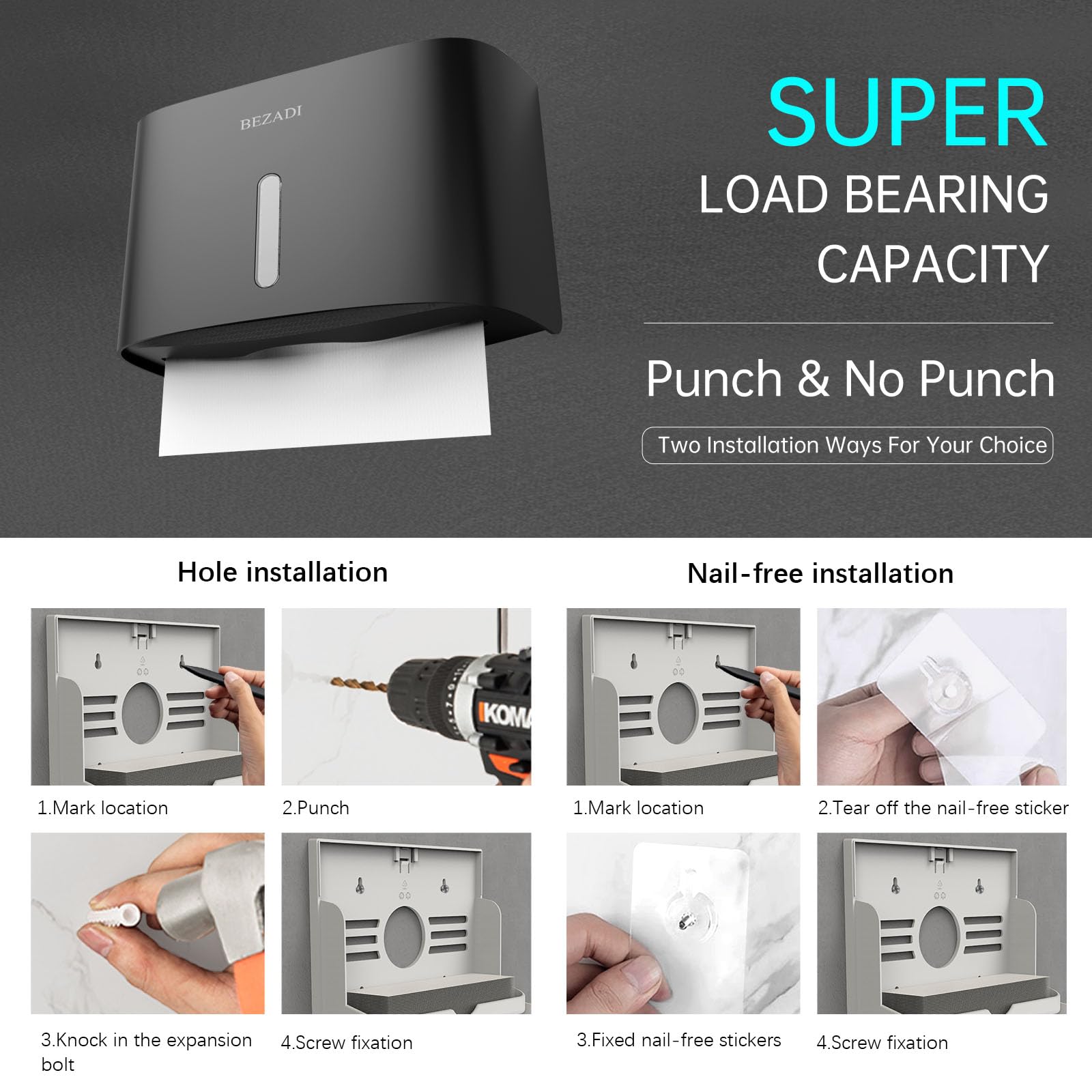 Dispensador de toallas de papel de montaje en pared, soporte comercial para toallas de papel, dispensadores de servilletas para baño, cocina, pliegue C 6015, color negro