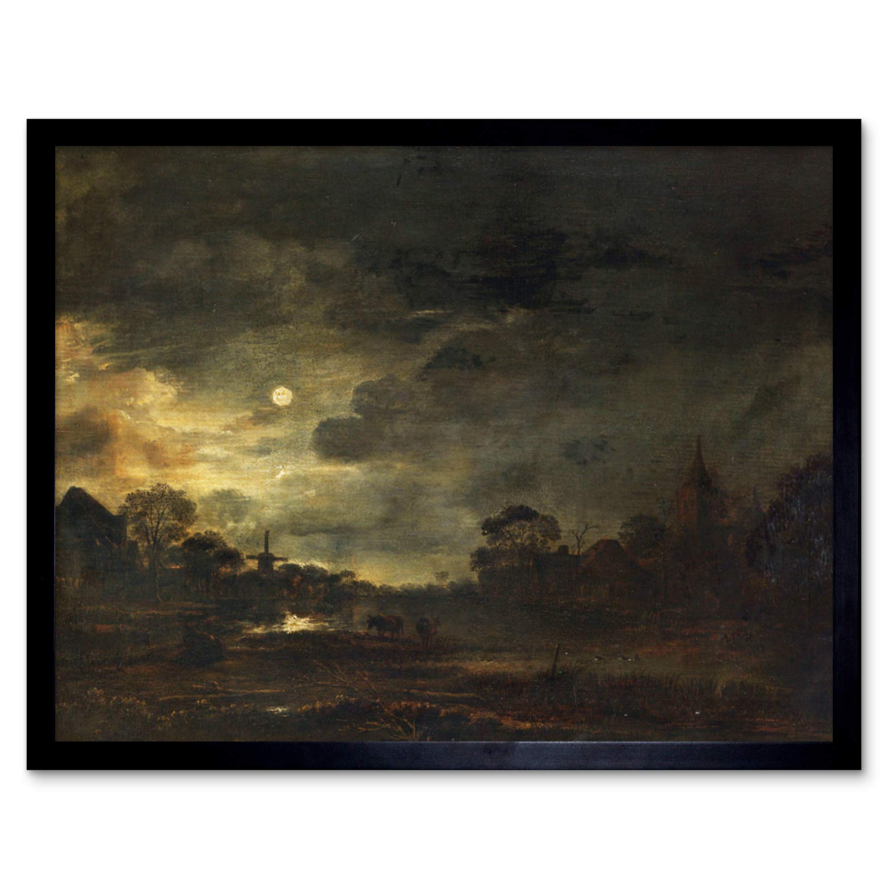 Artery8 Aert Van Der Neer Landscape By Moonlight Painting Art Print Framed Poster Wall Decor 12x16 inch