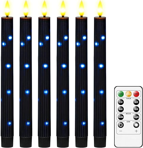 Velas cónicas sin llama de cera real con temporizador remoto, 6 velas cónicas que funcionan con pilas, velas LED de 9.6 pulgadas con cuerda de Grano