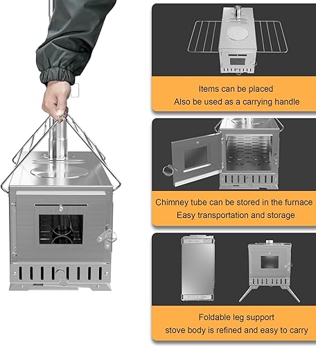 Miniatura 8 de unho - Estufa de leña caliente, estufa de leña portátil con 6 tubos de chimenea de acero inoxidable para calefacción y cocina al aire libre, pesca