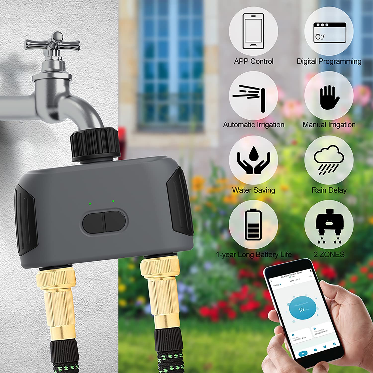 Timer per irrigazione WiFi, timer per irrigazione intelligente per tubo da giardino, sistema di irrigazione automatico con hub WiFi, controllo APP, lavoro con Alexa e Google Assistant, 2 prese