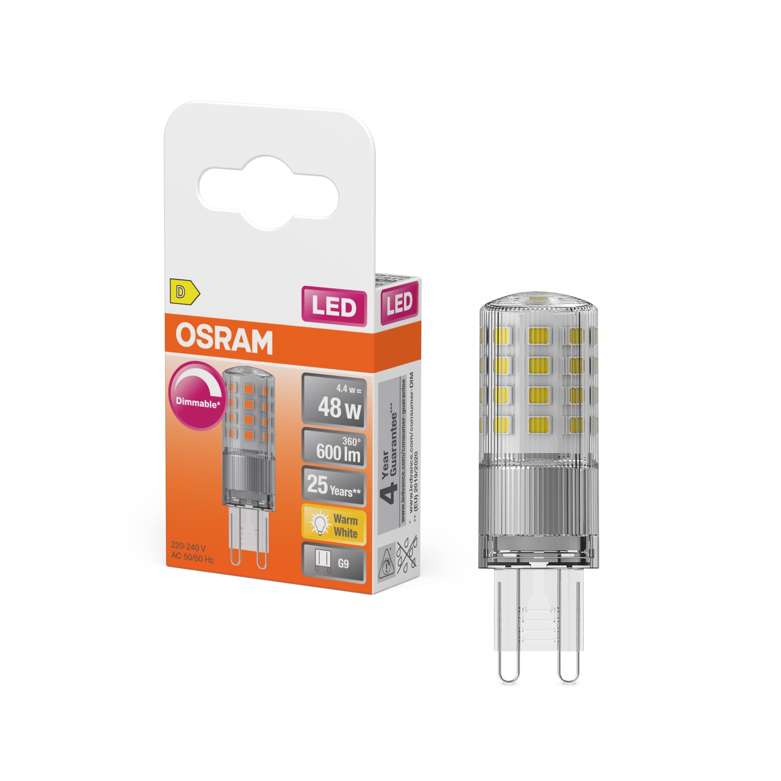 Osram LED PIN LED-lamp aus klarfarbenem Kunststoff, mit 4.4 W für 600 lm, warmweißes Licht mit 2700 K, Multi-Coloured, Retrofit-Stecksockel G9, CRI 80, EEK D, dimmbar.
