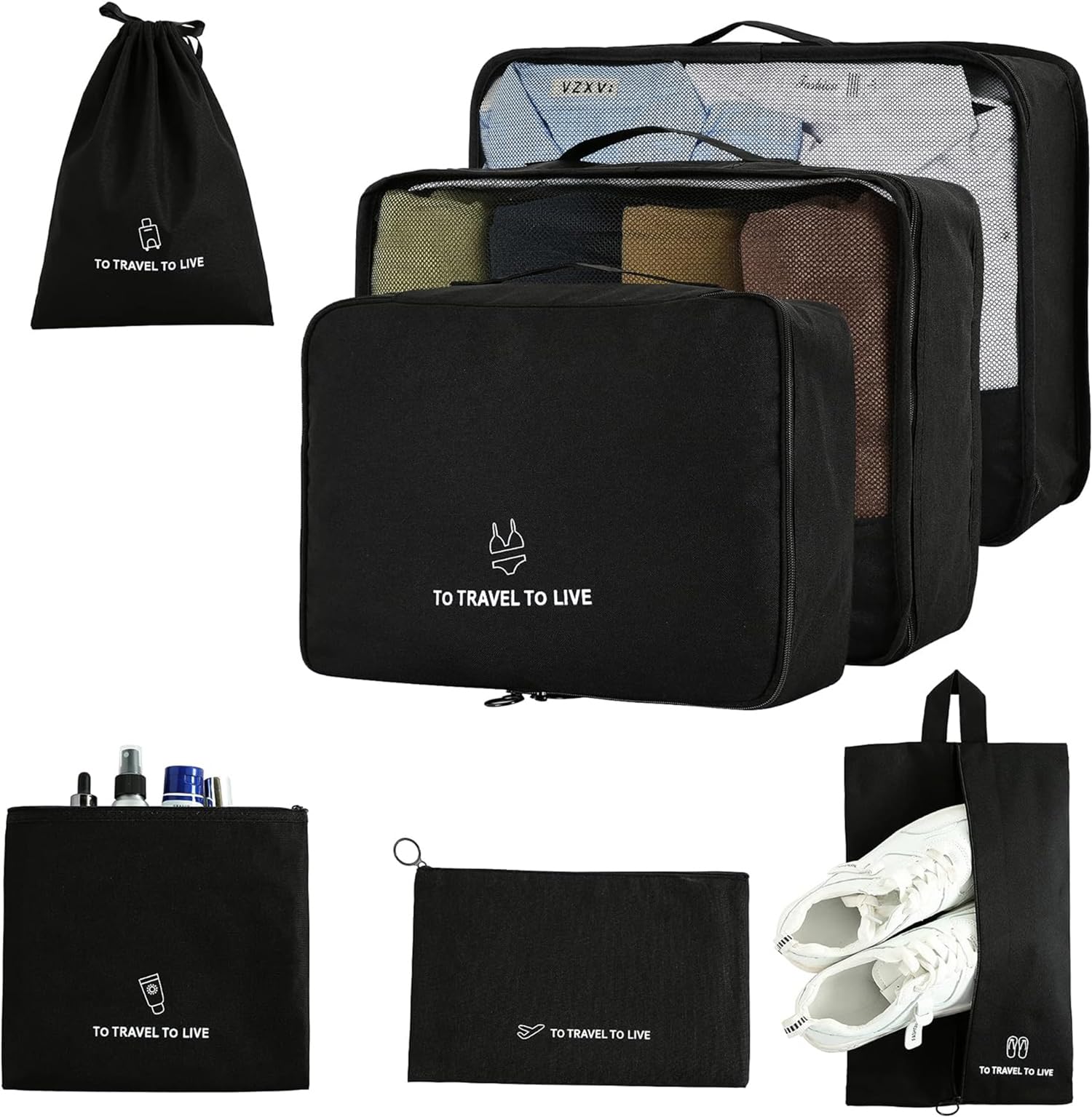 House of Quirk 7 Set Packing Cubes For Suitcases Travel Luggage Organizers With Laundry Bag,Shoe Bag And Toitetry bag,Lightweight Luggage For Carry On Suitcase (Black, Oxford cloth + mesh) (B0BVZSVGBZ) Amazon Price History, Amazon Price Tracker