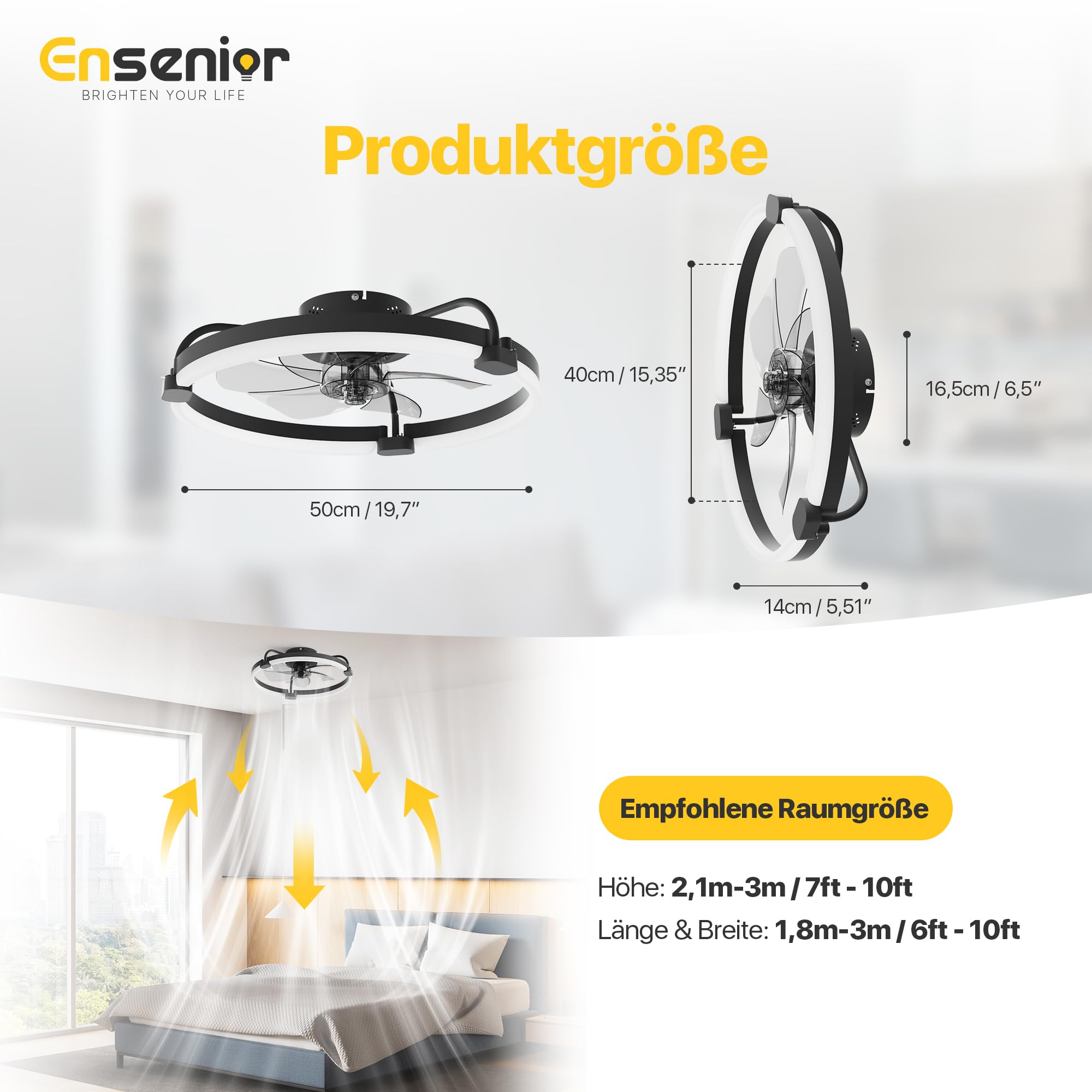 Ensenior Deckenventilator mit Beleuchtung, 50cm Deckenlampe mit Ventilator & Fernbedienung, 6 Geschwindigkeiten Leise, Stufenlos Dimmbar (3000K-6500K), Flaches Design für Schlafzimmer Büro - Schwarz
