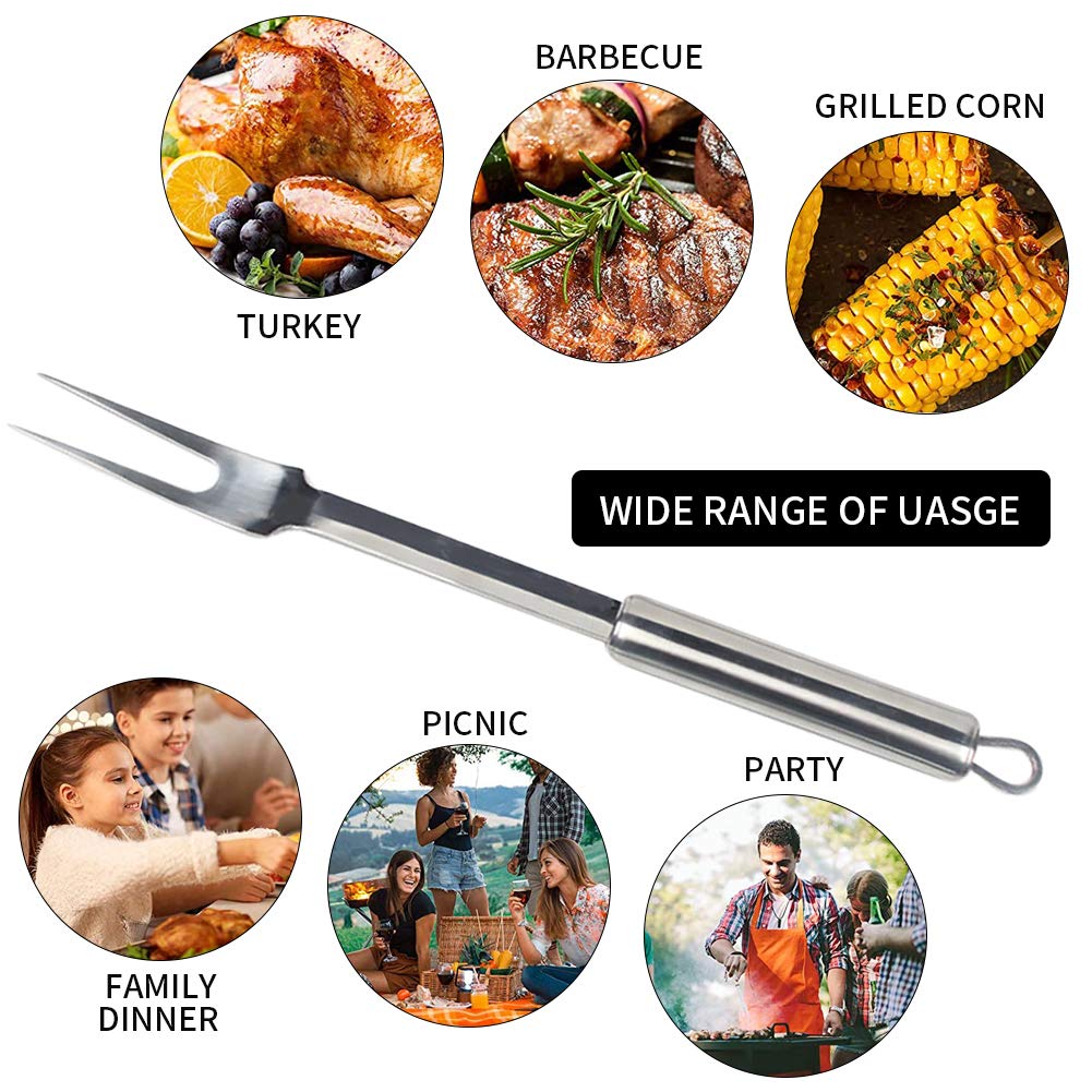 Forchetta per barbecue in acciaio inox con manico ovale forchetta per barbecue con manico lungo e anello appeso per posate può essere lavata in lavastoviglie