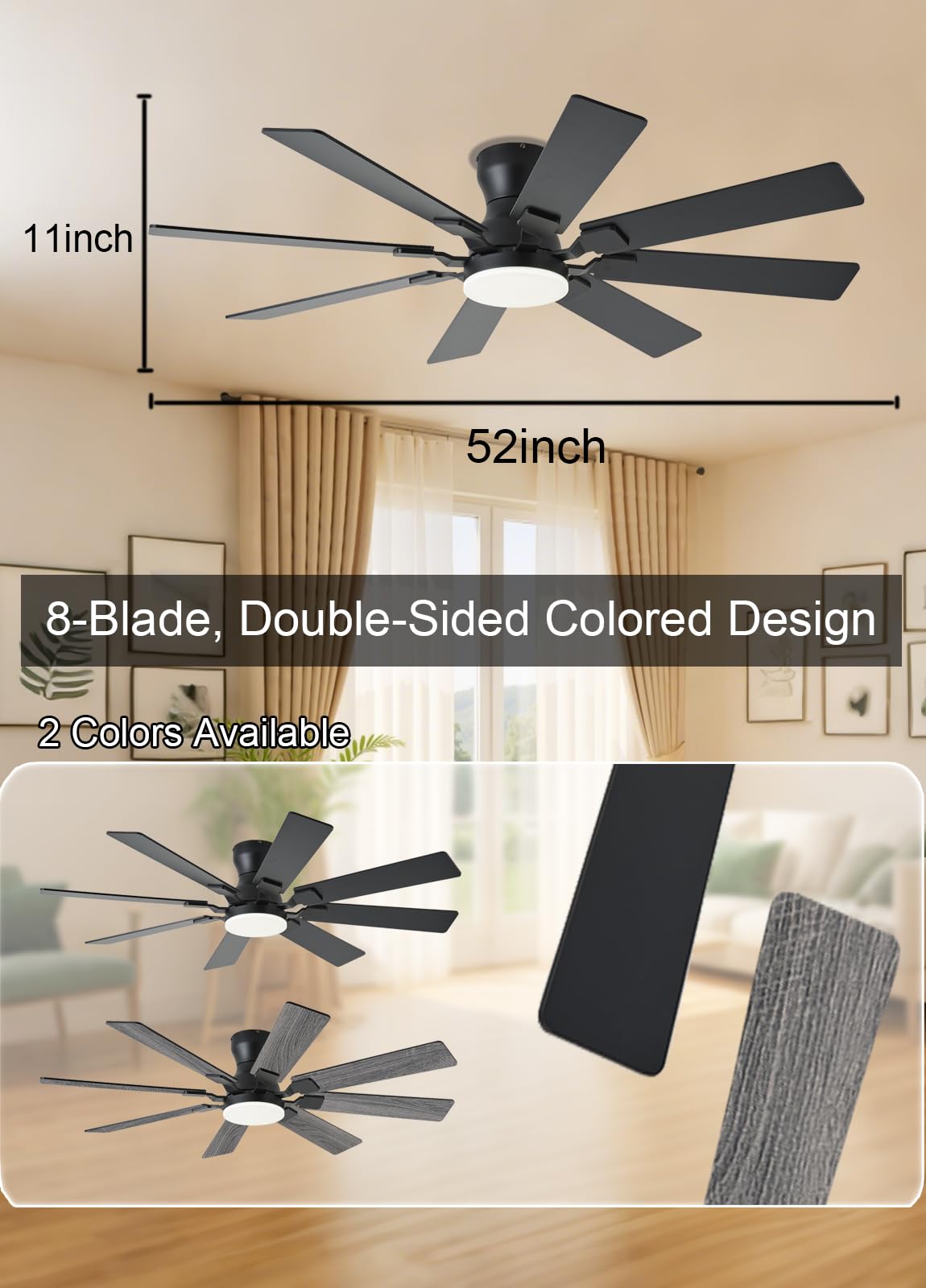 52 inch Ceiling Fan with Light 6 Speeds Reversible Low Profile Ceiling Fan with Light and Remote APP — view 3