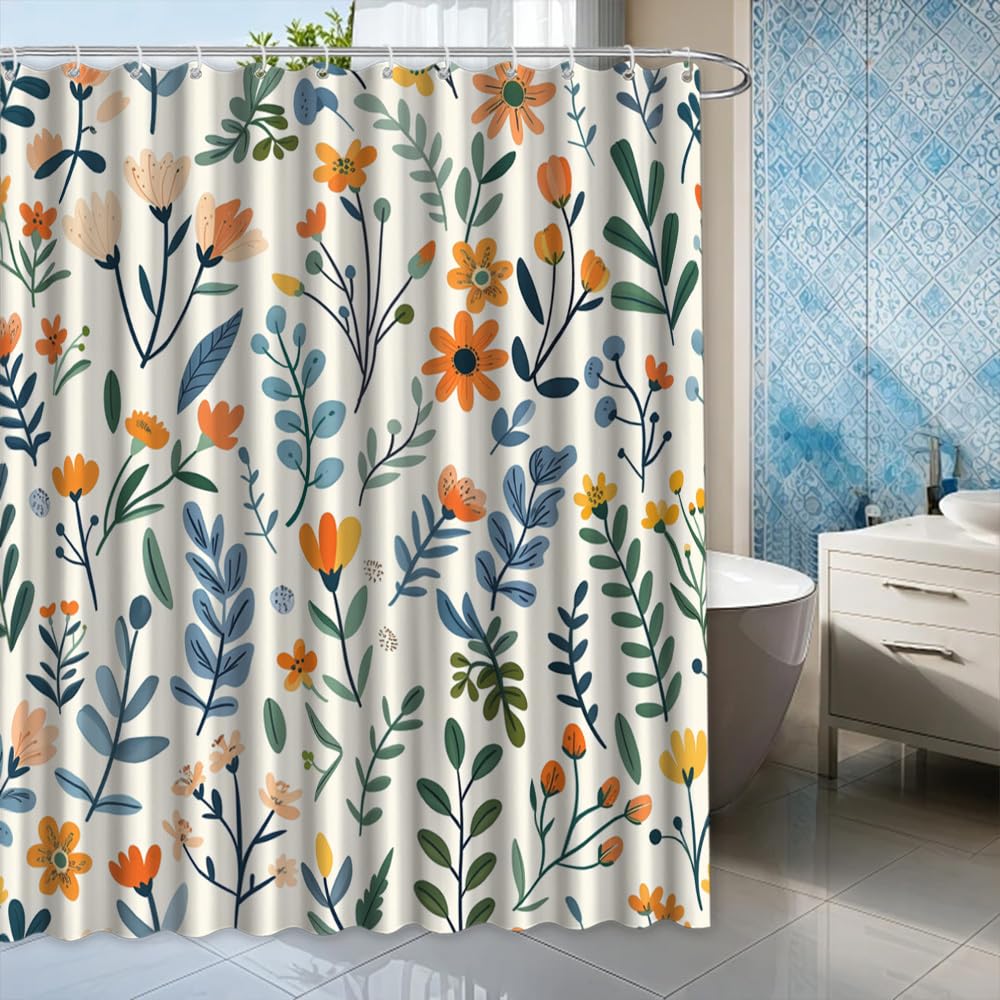 Großer Duschvorhang mit Wildblumenmuster,Beige,Weiß,Türkis,Blau,Senfgelb,Grün,Botanische Badezimmerdekoration (165 x 165 cm / 65 x 65 Zoll (B x H)