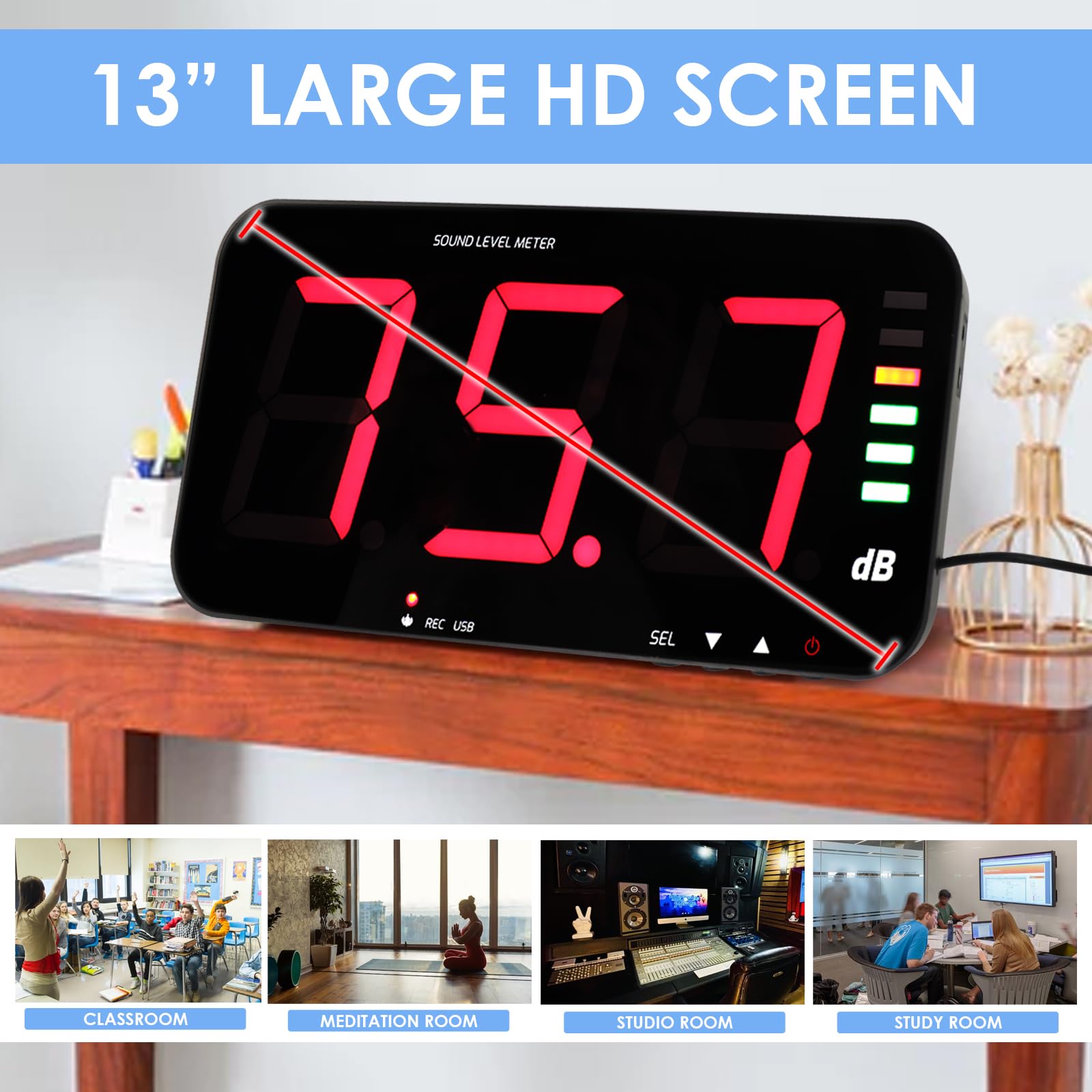 Medidor de Nivel de Sonido Digital de 30 a 130 dB, Medidor de Decibelios para Medir Ruidos, Pantalla Ancha HD de 13 Pulgadas Montada en la Pared con Función de Registro de Datos y Alarma de Ruido