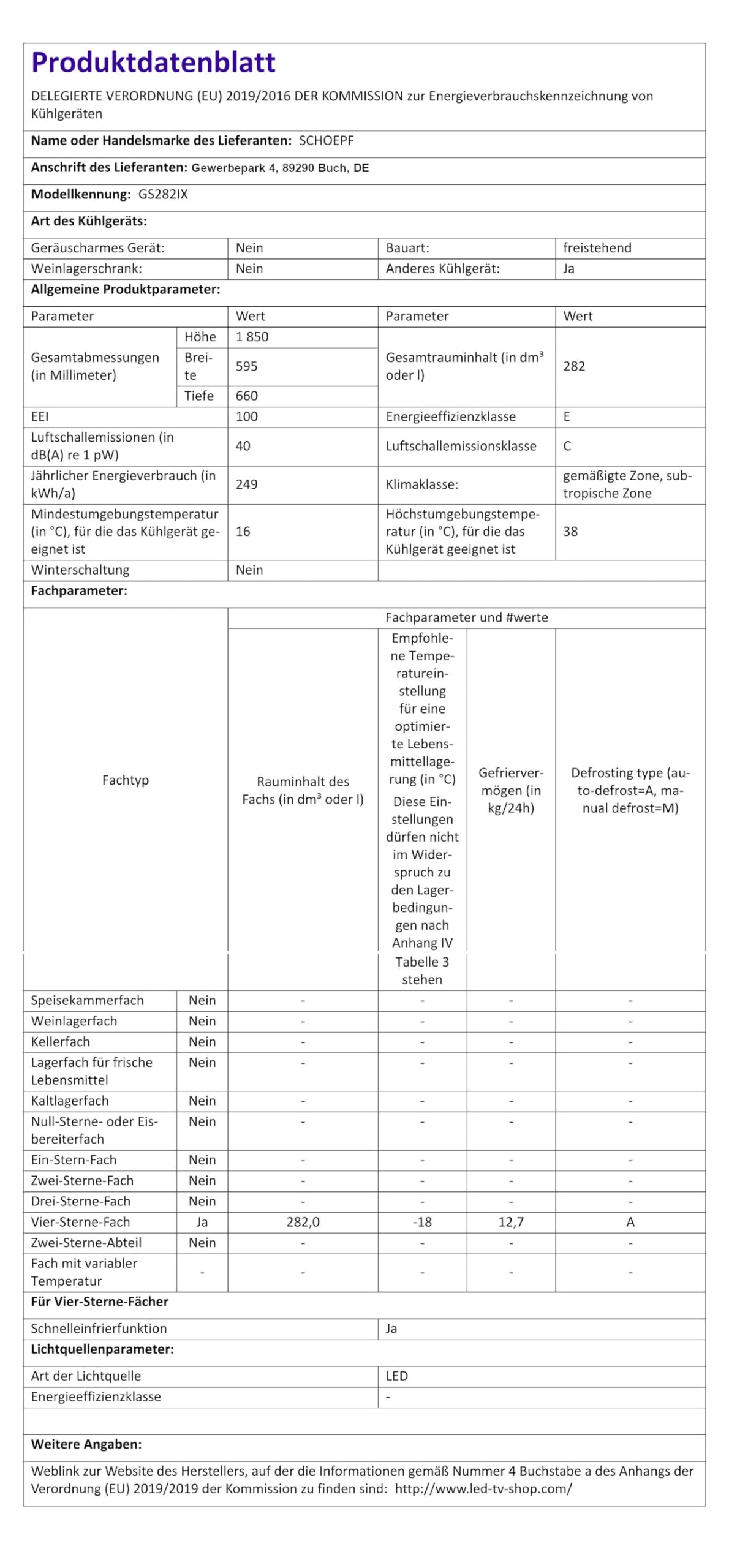 SCHOEPF – GS282IX Gefrierschrank 185 cm – Edelstahl – 282 L – No-Frost Technologie – Schnellgefrierfunktion – 42 dB – höhenverstellbare Füße – Energieeffizient – 249 kWh/Jahr