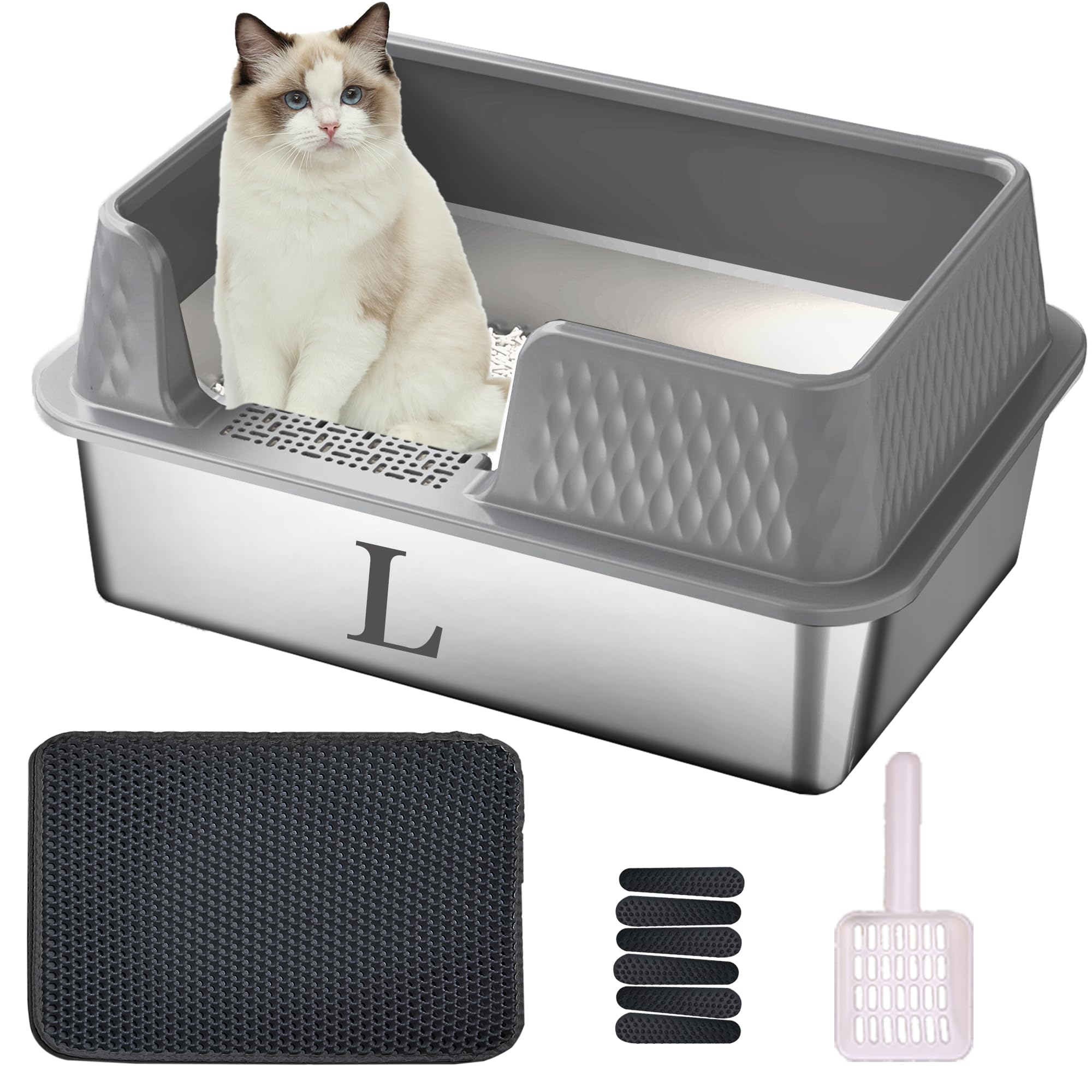 Suhaco Medium Stainless Steel Litter Box Side Entry High Walls Deep Metal Cat Litter Boxes Low Entry with High Sided Removable Lid Litter Mat and Scoop Litter Pan (Grey)