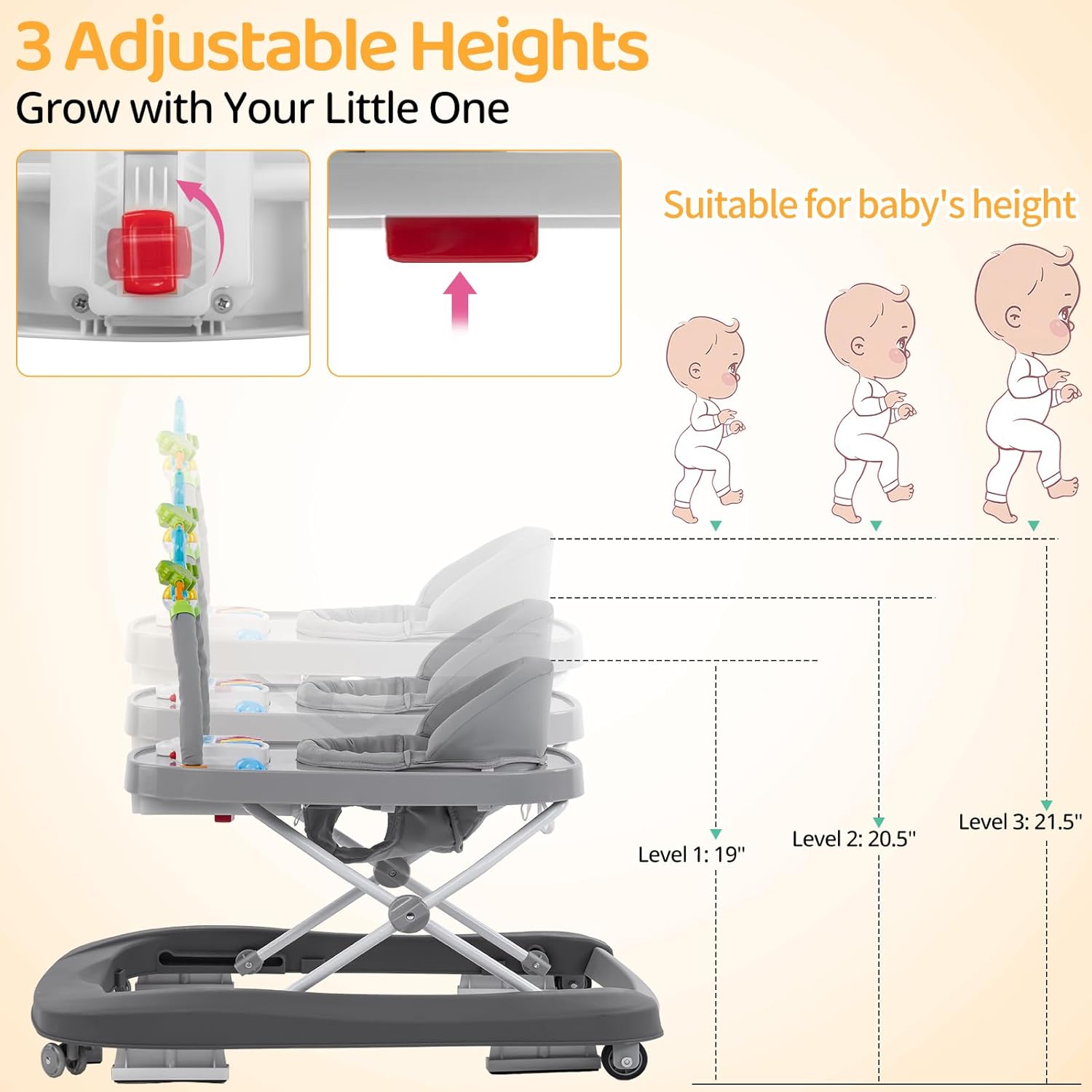 Baby Walker, Music & Removable Footrest with Toys, 3-Height Adjustable, Foldable 4-in-1 Activity Center for Infant and Toddler, Baby Walker for Baby Boy Girls 7–18 Months