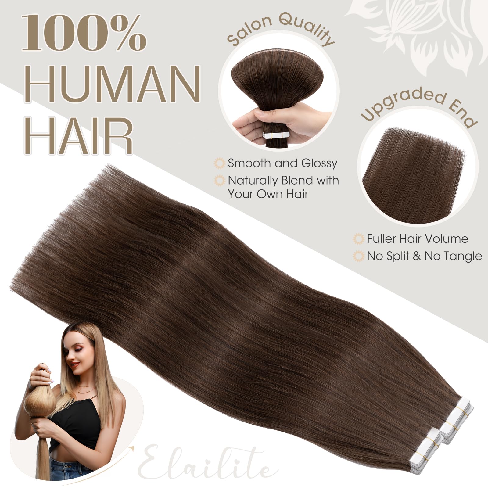 Elailite 40 Pcs Brown Tape in Hair Extensions Real Human Hair - Image 4