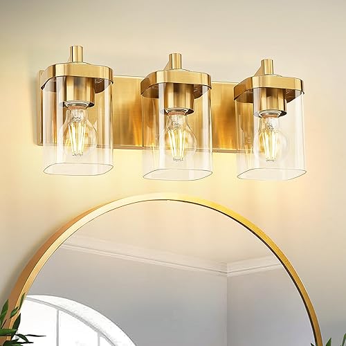 Miniatura 8 de VL194-BG-3 - Lámpara de tocador de baño sobre espejo, 3 luces de oro cepillado con pantalla cuadrada de vidrio transparente, apliques de pared