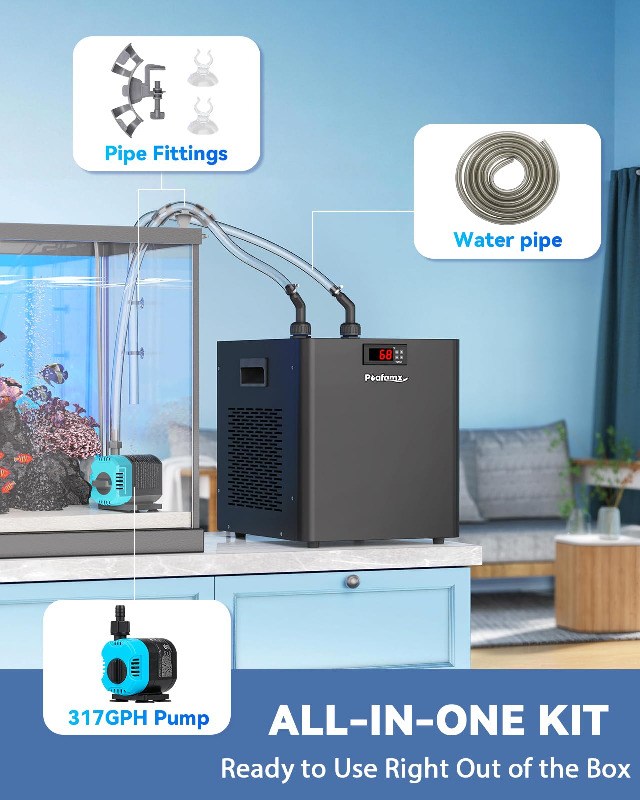 Poafamx 1/3 PS Aquarium Chiller, 79 Gal Titanium Chiller for Saltwater & Freshwater Fish Tank, Hydroponics Cooling System with Pump, Quiet Efficient Water Chiller for Axolotl, Coral Reef