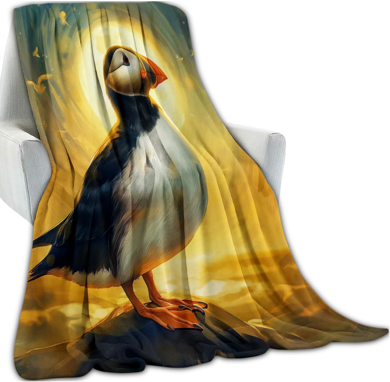 Sunset Birds Puffin Blanket Gifts for Adults Artist Men, Sun Setting Bright Nature Scene Bird on Rock Throw Blankets for Sofa Office Couch Room Decor, Cozy Lightweight Warm Soft Throws, 50x60 in